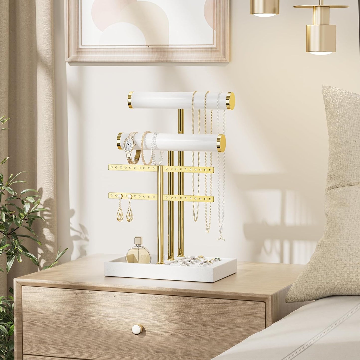 3 Tier Bracelet Holder Display - White Leather Bracelet Holder, Detachable T Bar Jewelry Holder Organizer for Bracelet, Necklace, Earrings, Rings, Watches, Bangle