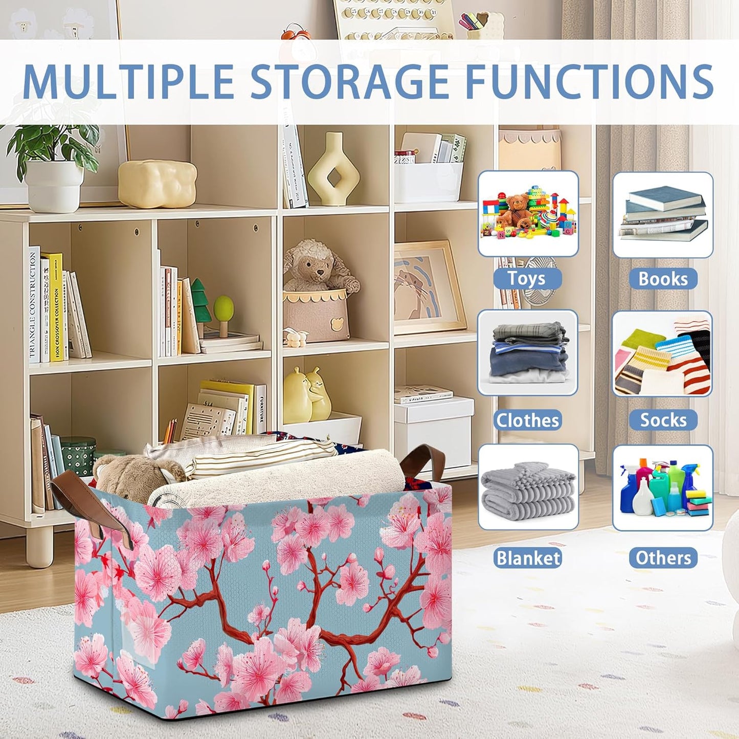 Cherry Blossoms Collapsible Storage Box,Japanese Organizer Bin with Handles for Room Decoration,Bins Book Basket Box 17x11.5x10Inch