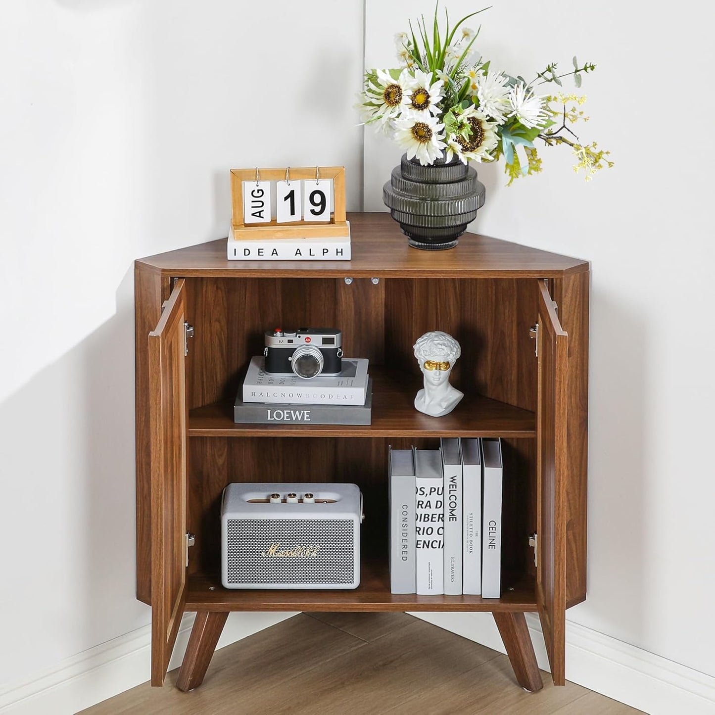 Small Corner Cabinet,Corner Floor Cabinet with Adjustable Doors and Shelve, Freestanding Narrow Storage Organizer for Kitchen Living Room Bathroom (Walnut)