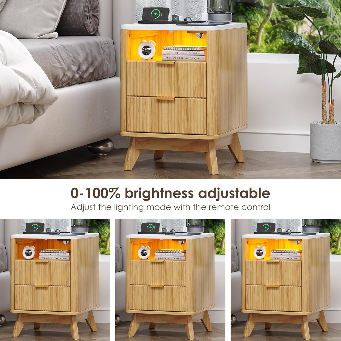 Nightstand with Charging Station, Fluted Nightstand with LED Lights, Modern Rustic Side Table with 2 Storage Drawers, Wooden End Table for Bedroom, Natural Oak