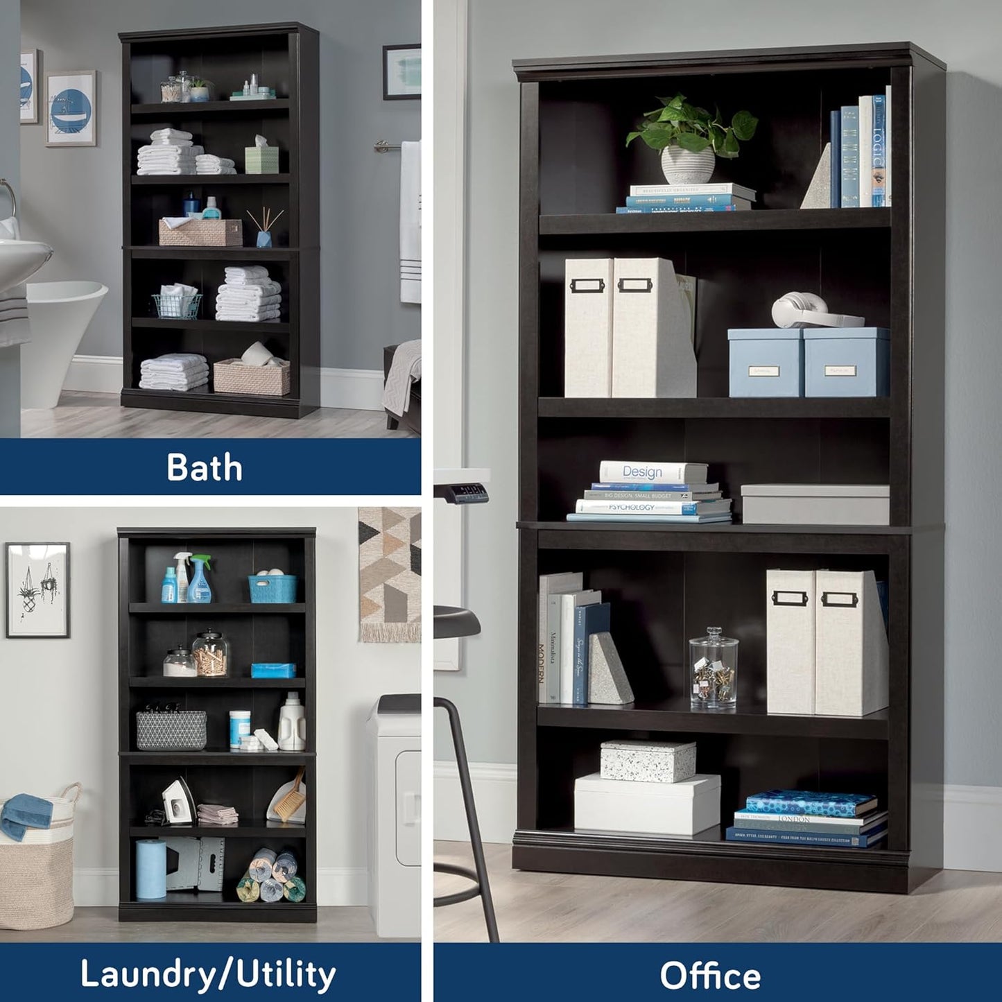 Sauder 5 Tier Book Shelf Wooden Bookcase Multipurpose Bookshelf for Home Office, Living Room, in Estate Black finish