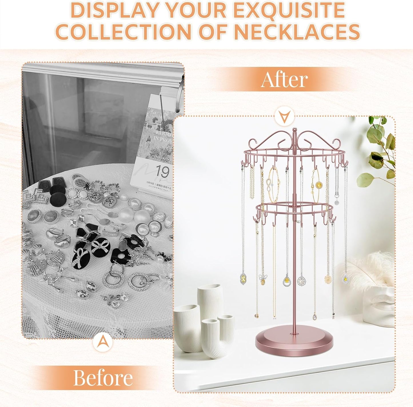 iDavosic.ly 2 Tier Rotating Necklace Holder Organizer with 42 Hooks, Adjustable Metal Bracelet Display Stand Rack, Extra Tall Keychain Spinning Tree Tower for Women, Rose Gold