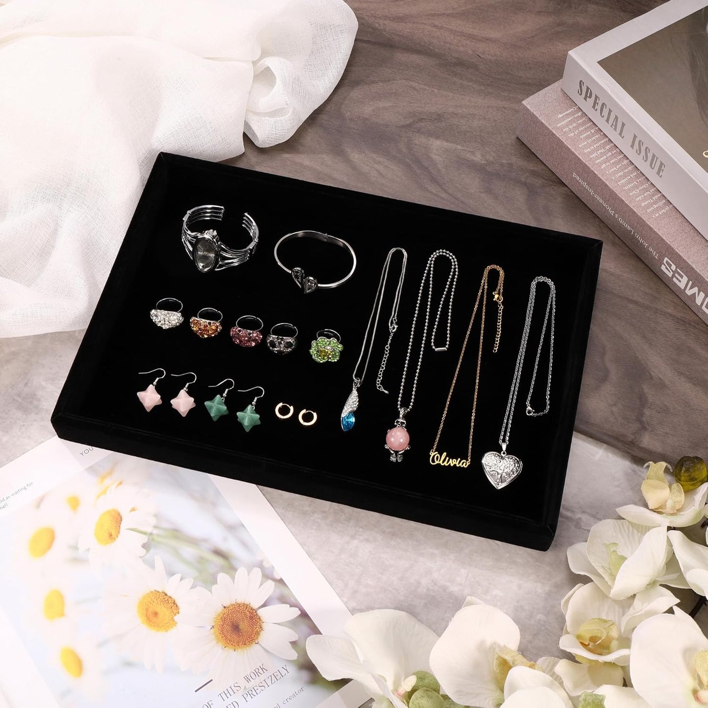 Mornajina 9" x 5.7" Velvet Jewelry Tray Jewelry Display Tray, Stackable Empty Plate Trays for Earrings Necklaces Bracelet Rings Display Showcase - Black