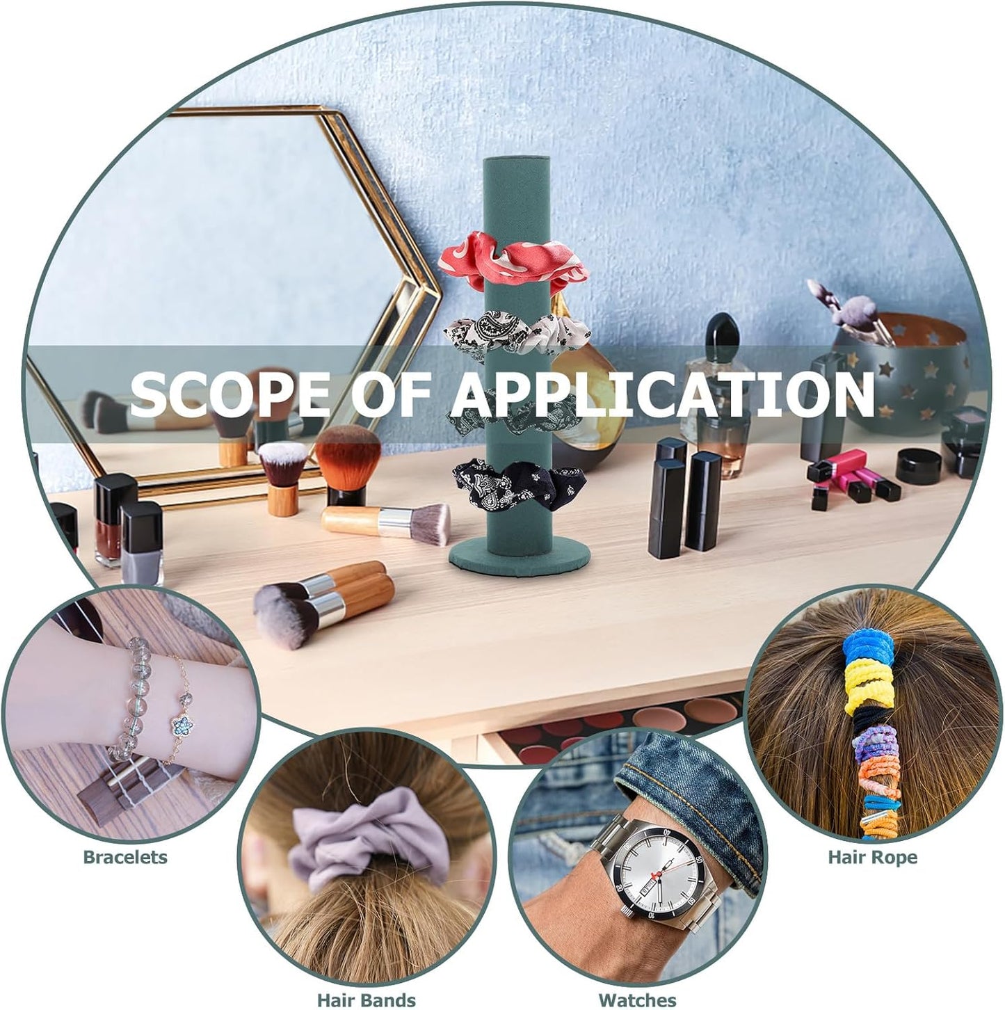 Velvet Vertical Tower Scrunchie Holder Stand Hair Tie Organizer Headband Storage Rack for Jewelry Watches Green Design for Bedroom and Store Display