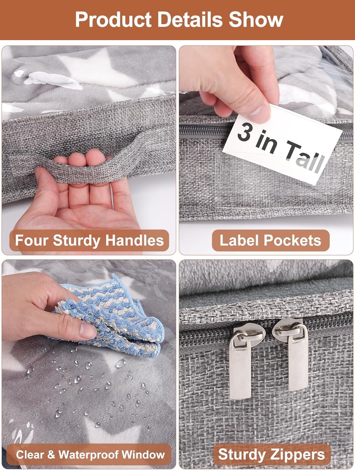 3 Inch Low Profile Under Bed Storage Bins with NO STURCTURE Design, Shallow Clothes Storage Bags with Clear Lids & Waterproof Fabric - Fits Under Sofa, Couch, Dorm, or College Beds,40x20x3inch,Grey