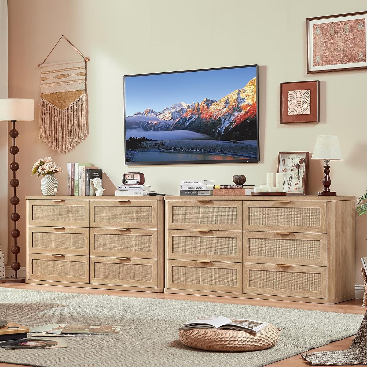 LEYAOYAO Rattan 6 Drawer Dresser for Bedroom, Boho 54" Wide Natural Wood Dresser Chest of Drawers, Dressers TV Stand with Metal Handle, Storage Dressers Closet Organizer for Living Room, Hallway