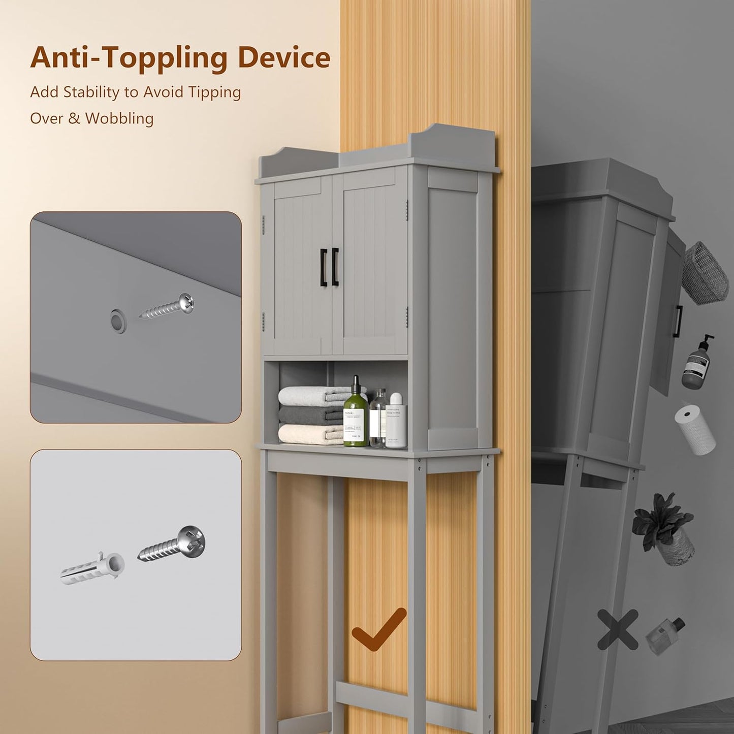 BlueWish Over The Toilet Cabinet, Bathroom Over Toilet Storage with Adjustable Shelves, Anti-toppling Design, Over Toilet Cabinet for Bathroom, Restroom, Laundry, Grey