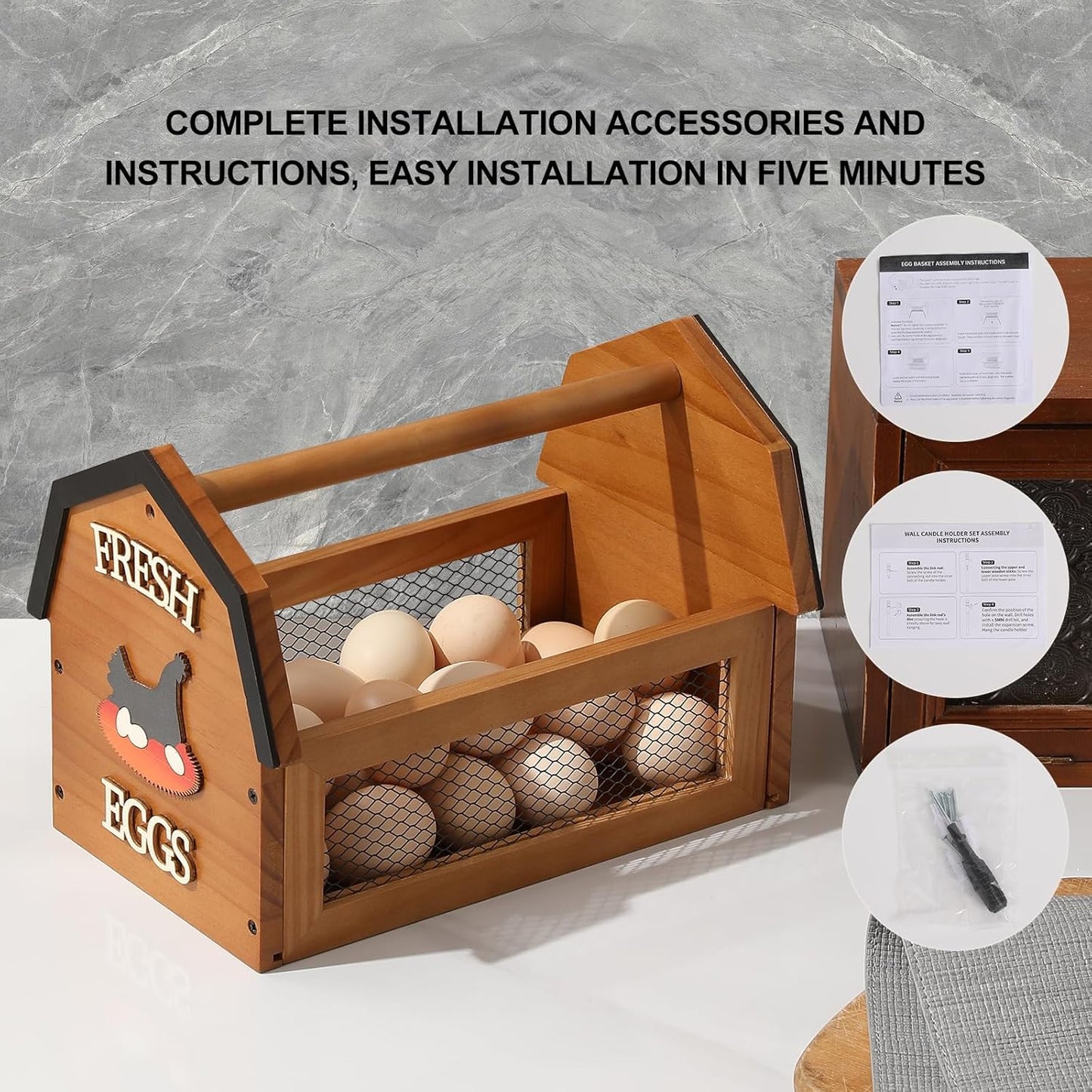 Wood Farmhouse Egg Collecting Basket - Large Countertop Chicken Egg Basket
