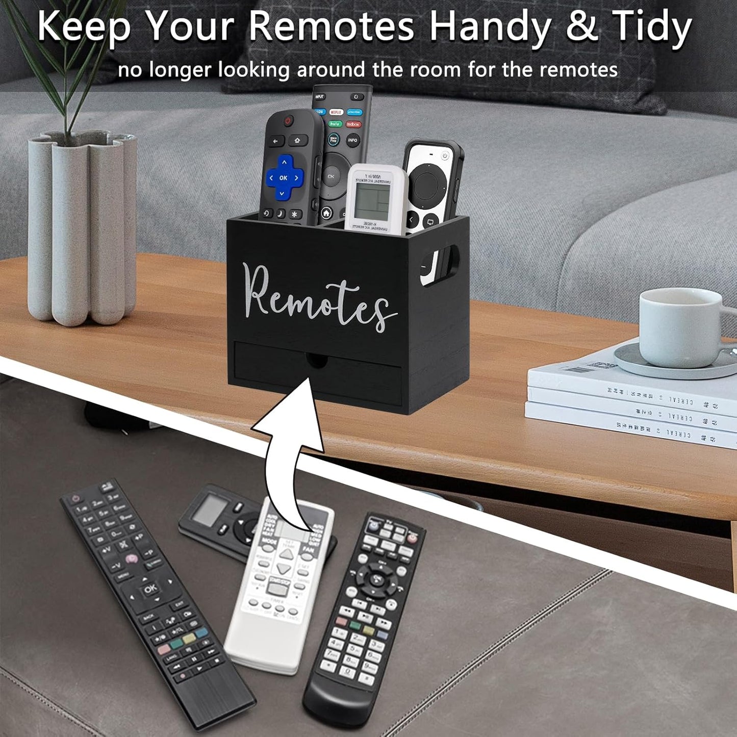 Remote Control Holder, 2 Slot TV Remote Holder& Desk Organizer with Drawers, Remote Organizer Caddy for Table, Wooden Remote Box for Nightstand,Media Storage Box for Living Room, Bed (Black)