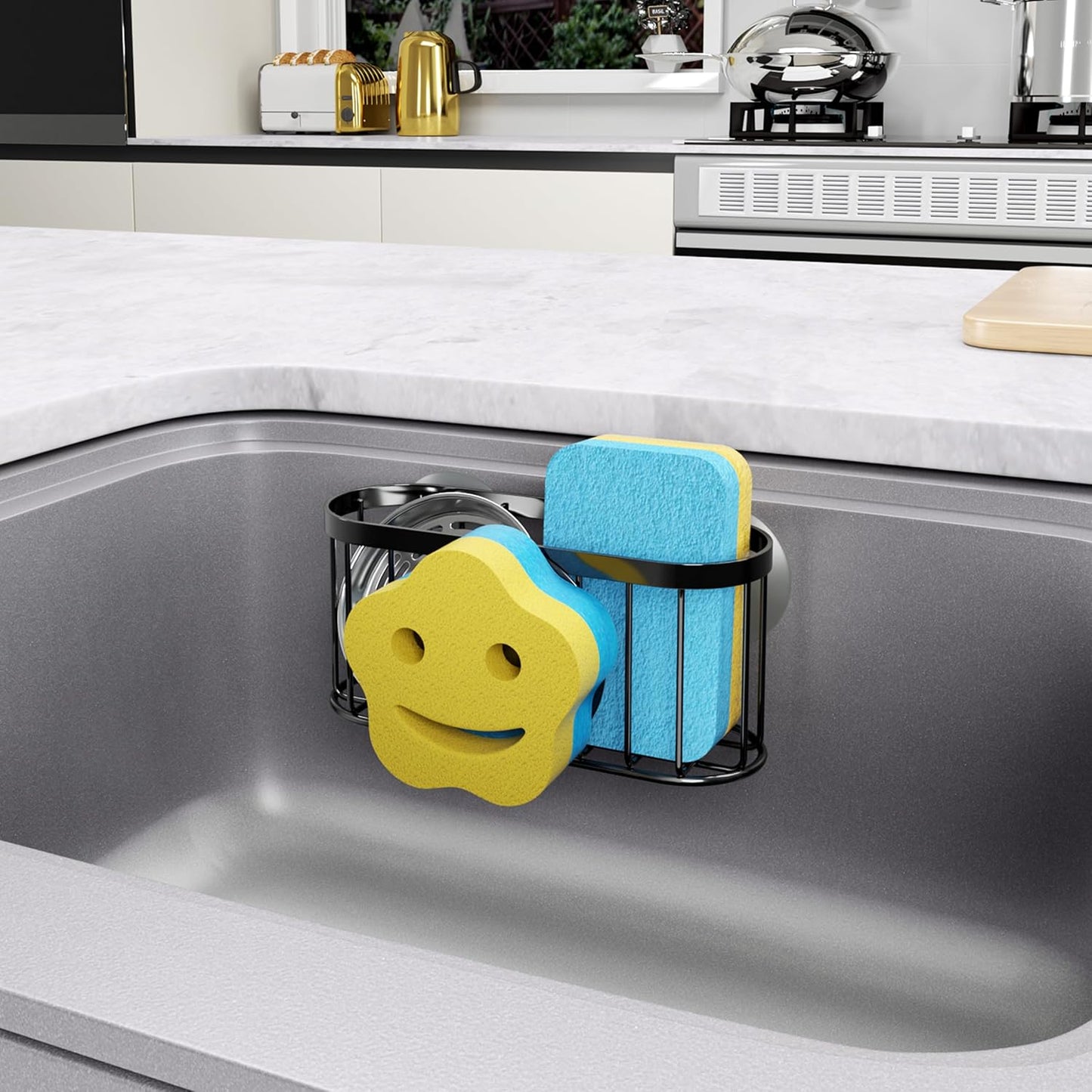 HapiRm Sink Caddy Sponge Holder - 2 Installation Ways Kitchen Sink Organizer with Smiley Face Sponge Holder, Stainless Steel Kitchen Caddy - Black