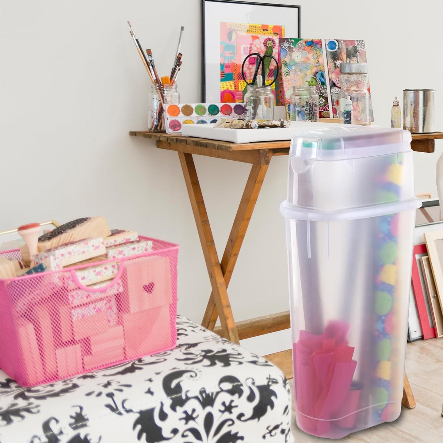 Rubbermaid Wrap N' Craft Plastic Wrapping Paper Organizer Storage Container with Top Ornament Storage Compartment for 20 Standard 30 Inch Rolls, Clear