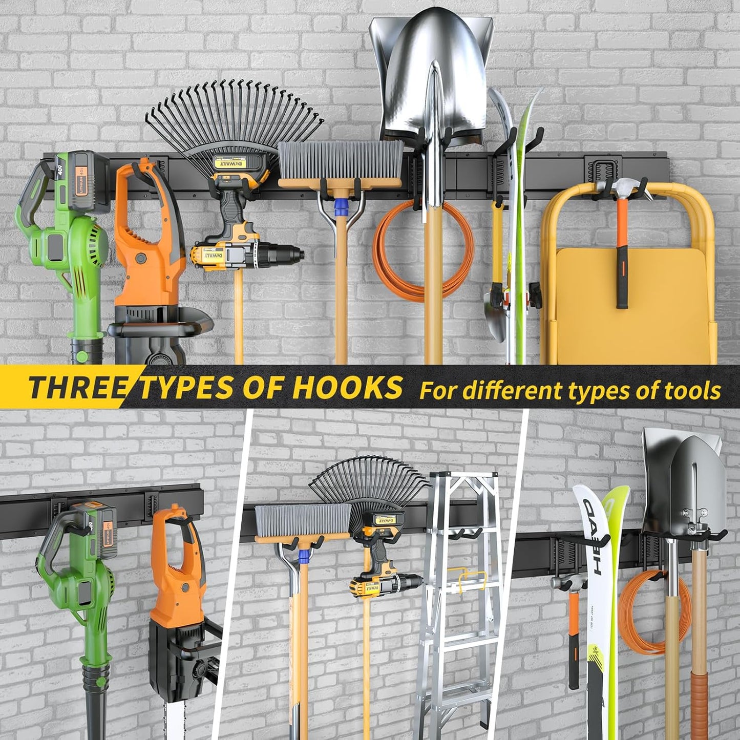 64 Inches Garage Storage, UUP Garage Organization Wall Mount Garden Tool Organizer, 620lbs Adjustable Metal Hooks, Yard Shed Rail Rack, Lawn Tool Holder for Hanging Rake Broom Mop Snowboard, Home Gift