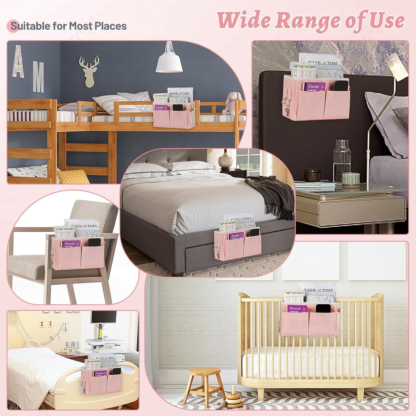 Bedside Caddy Hanging Storage with Water Bottle Holder for Bunk Bed Hospital Bed Dorm Rooms (Pink)