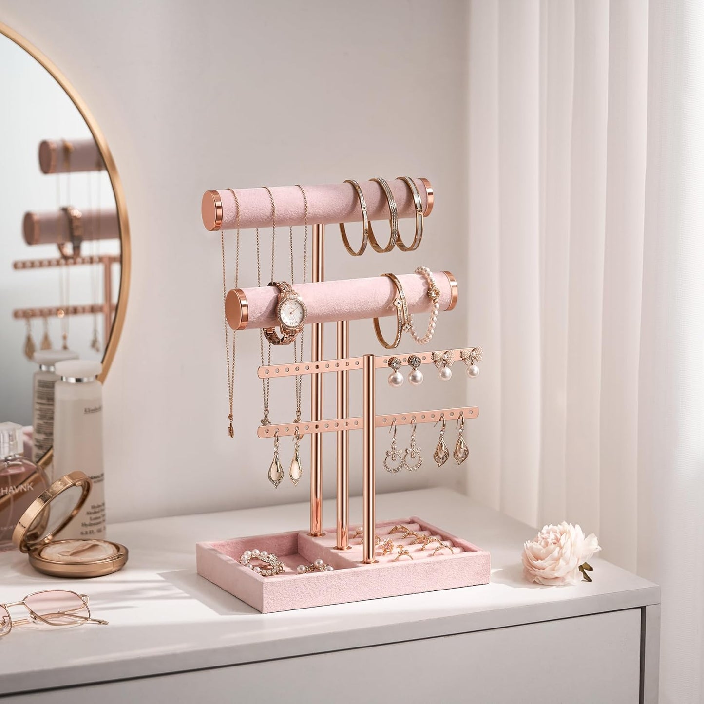 3 Tier Bracelet Holder Display - Detachable T Bar Pink Velvet Bracelet Holder, Jewelry Holder Organizer for Bracelet, Necklace, Earrings, Rings