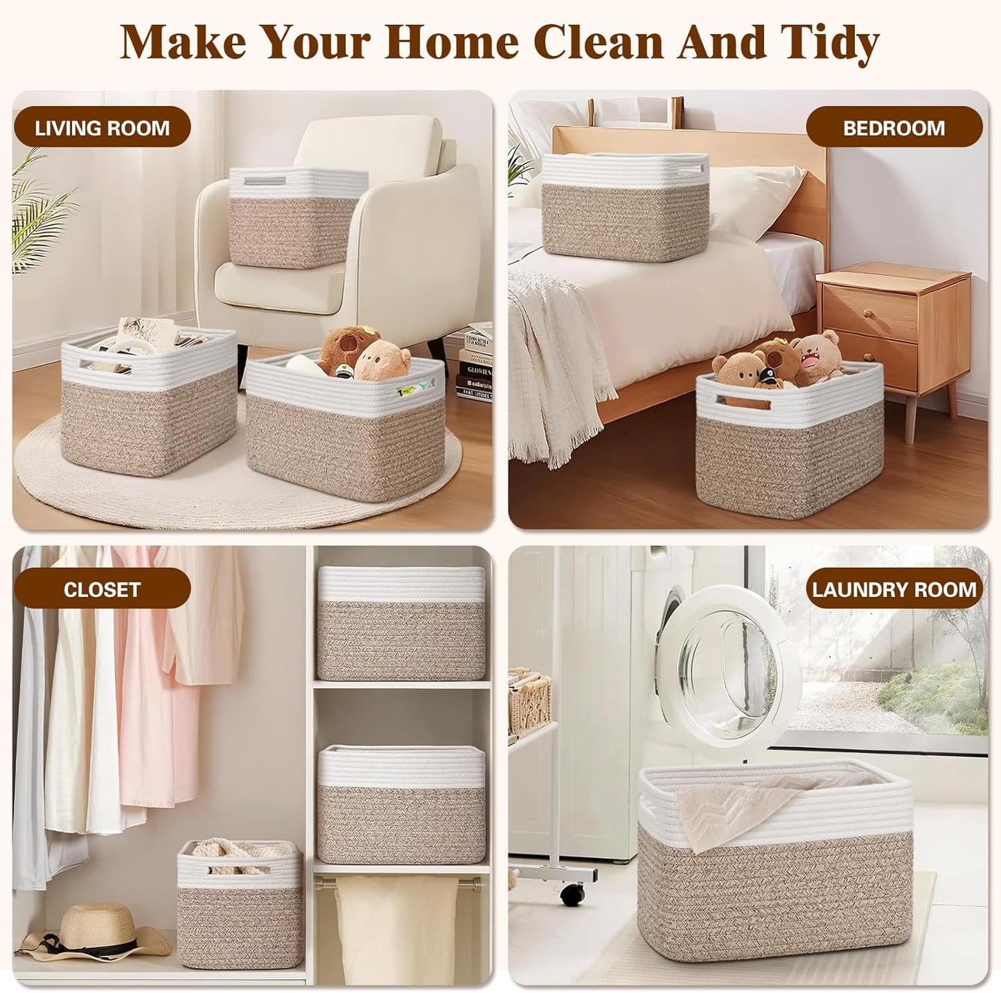 Storage Baskets for Organizing, 4 Pack Storage Baskets for Shelves, Woven Basket for Shelves, Closet Organization, Rectangle Organizer Basket Gifts Empty, 13"Lx8.7"Wx7.9"H Decorative Bins with Handles