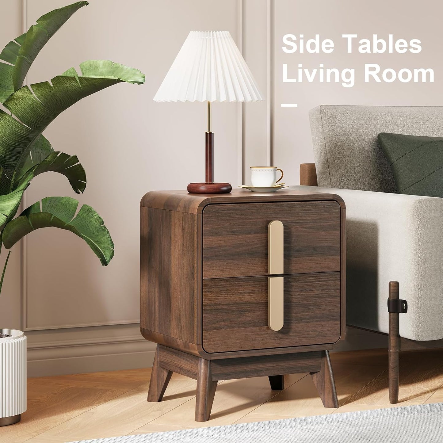 Nightstands Set of 2, Mid Century Modern Nightstand with Drawers, Bedside Tables with Solid Wood Legs, End Side Tables for Bedroom, Small Space,Walnut