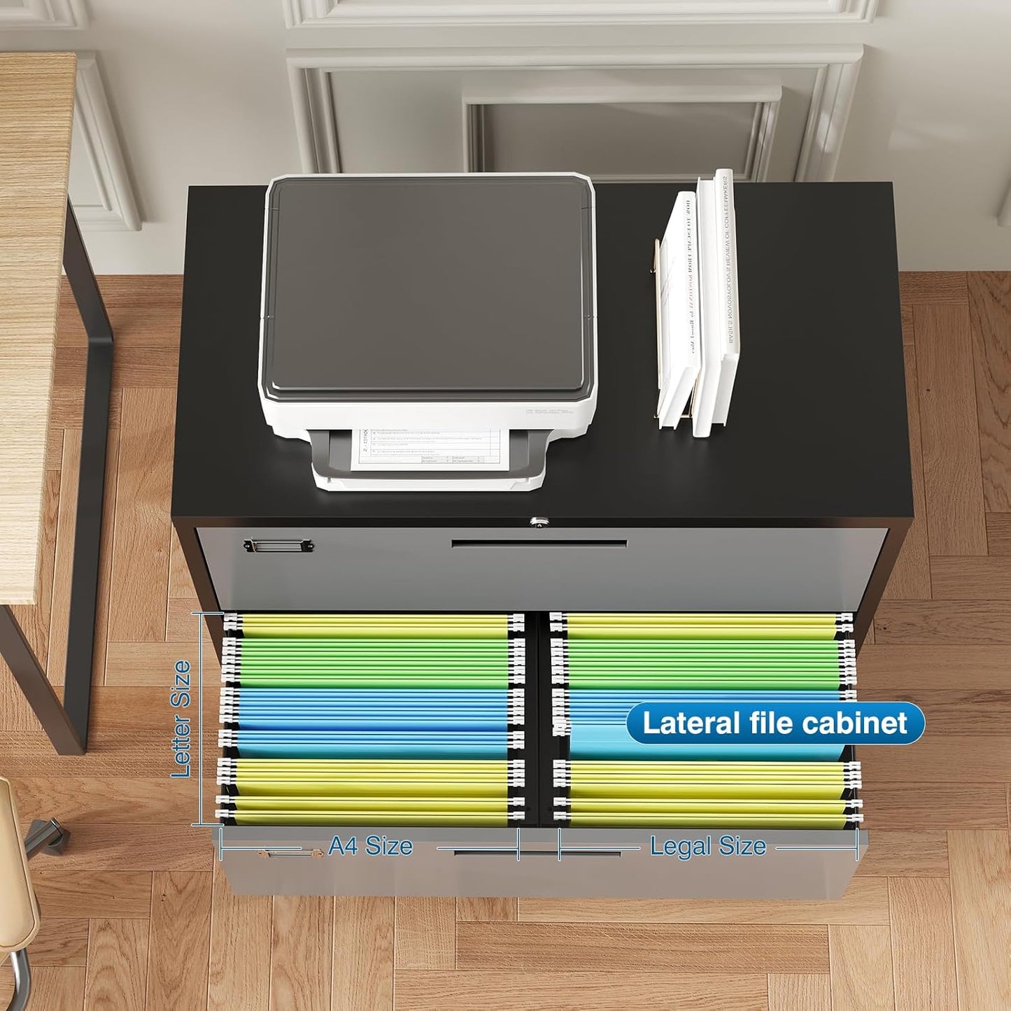 4 Drawer File Cabinet, Lateral Filing Cabinets for Home Office, Office Storage Drawers with Lock, Hanging Files Legal/Letter A4 Size (Assemble Required,Black Grey)