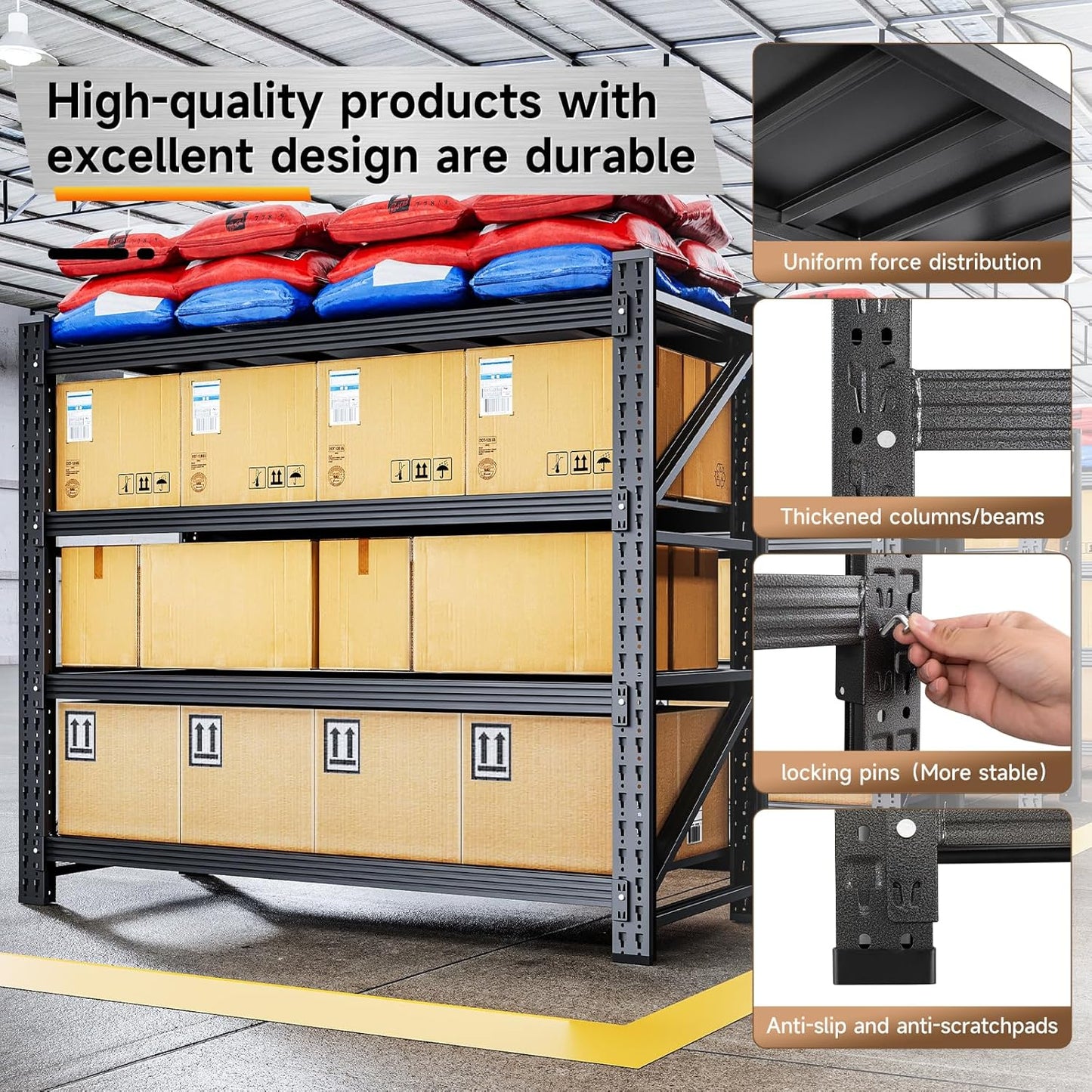 3000LBS Storage Shelves,48" W Garage Shelving Heavy Duty 4 Tier Metal Storage Rack Shelf,Industrial Shelving Adjustable Shelf for Basement Warehouse 48" W x 24" D x 70" H,Black