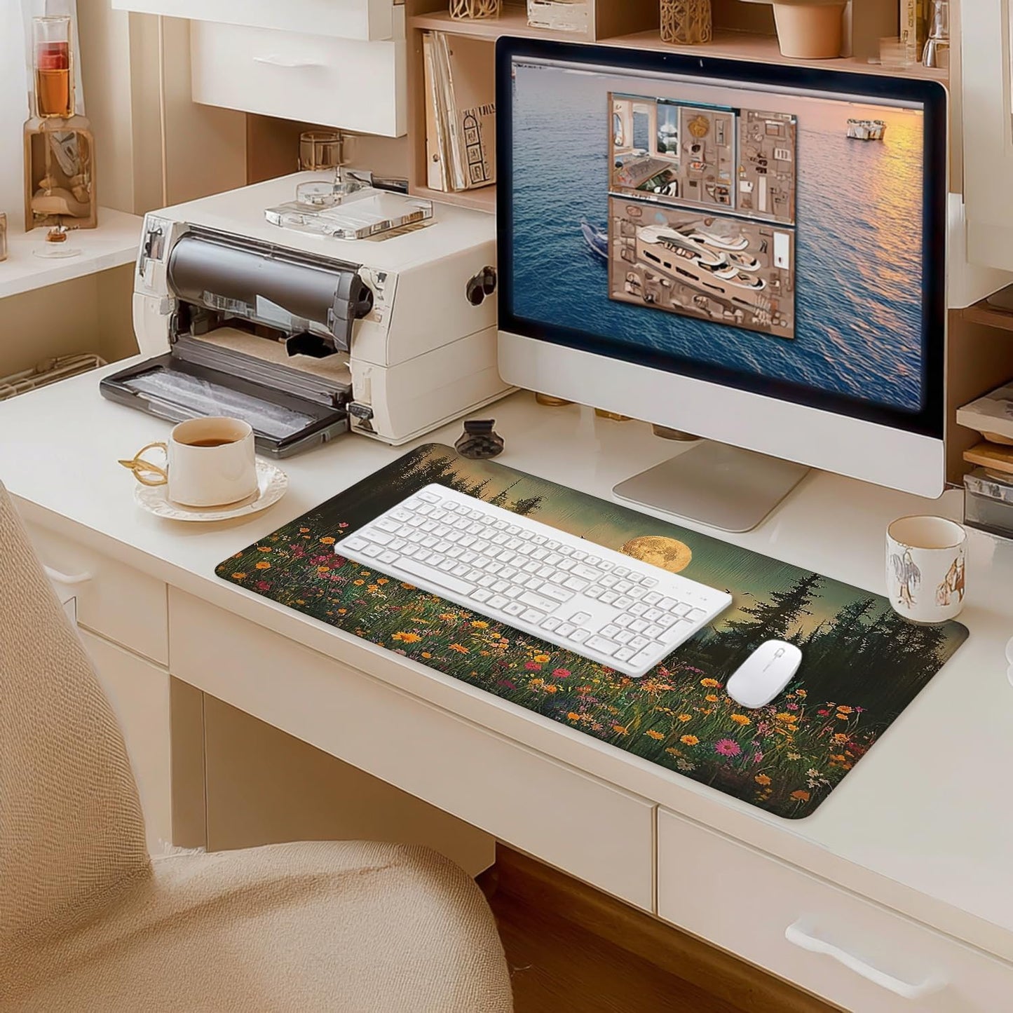 Vintage Moonlit Wildflower Floral Large Mouse Pad 31.5x15.7inch, Retro Nature Landscape Flower Large Extended Computer Desk Mat Mousepad for Keyboard and Mouse, Floral Desk Accessories