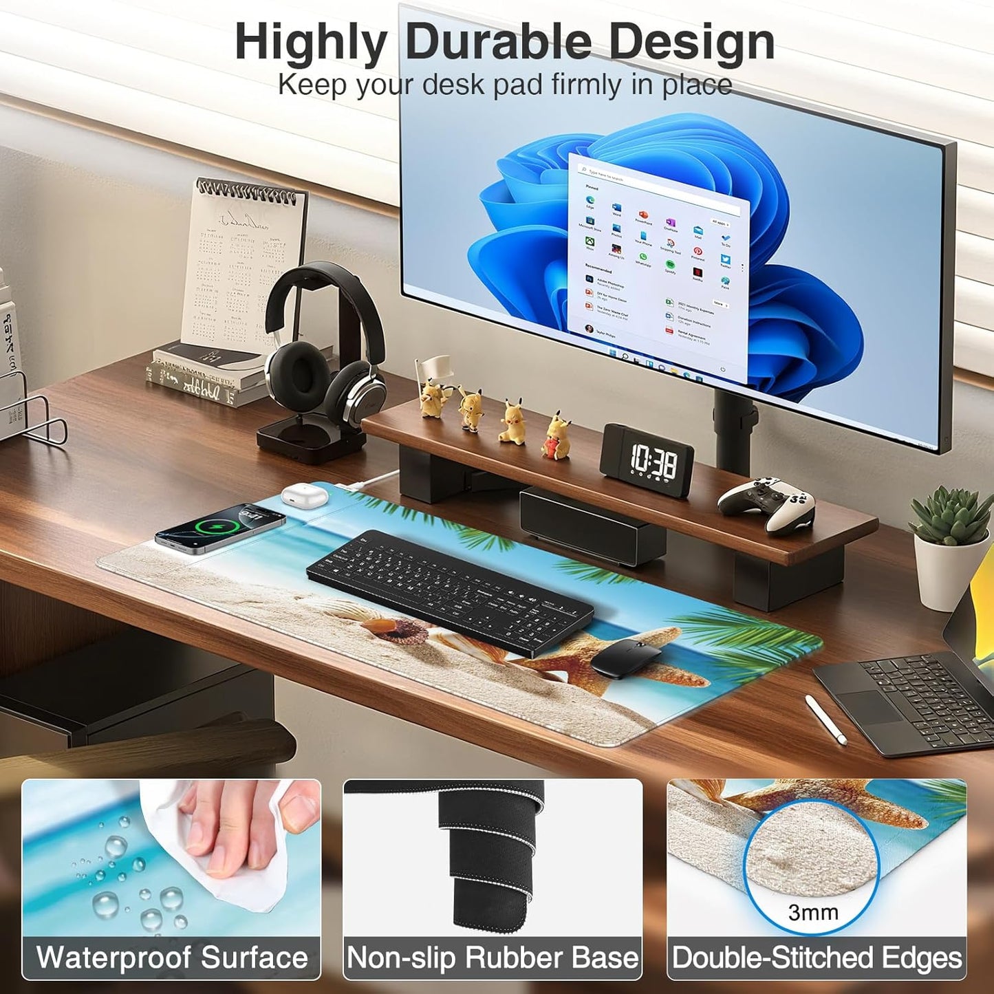 Wireless Charging Mouse Pad, 31.5"x15.8" Large Gaming Desk Mat for Keyboard/Laptop, Waterproof Ultra-Smooth Surface, Non-Slip Base, with 20W PD Adapter, Summer Beach