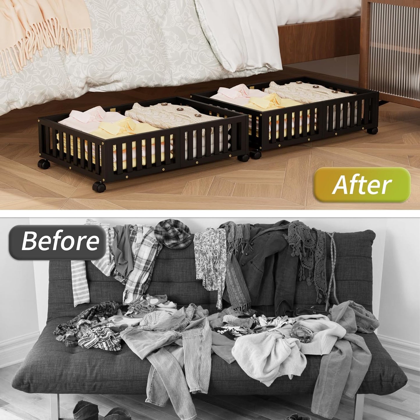 Bamboo Under Bed Storage with Wheels,Rolling Underbed Shoe Organizer Box for Shoes,Blankets,Toys,Clothes Container Space-Saving Bins for Bedroom,Closet,Dorm,Nursery