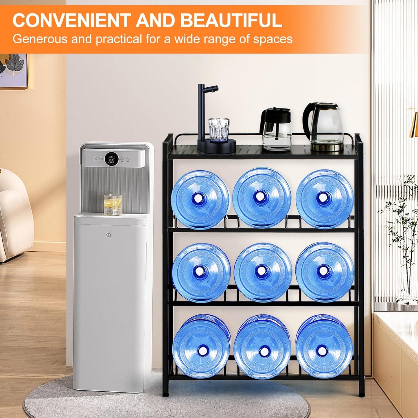 5 Gallon Water Dispenser Jug Holder with Top Shelf Heavy Duty Water Cooler Jug Rack and 4 Tier Water Storage Rack with 9 Slots for Gallon Jugs (Black)