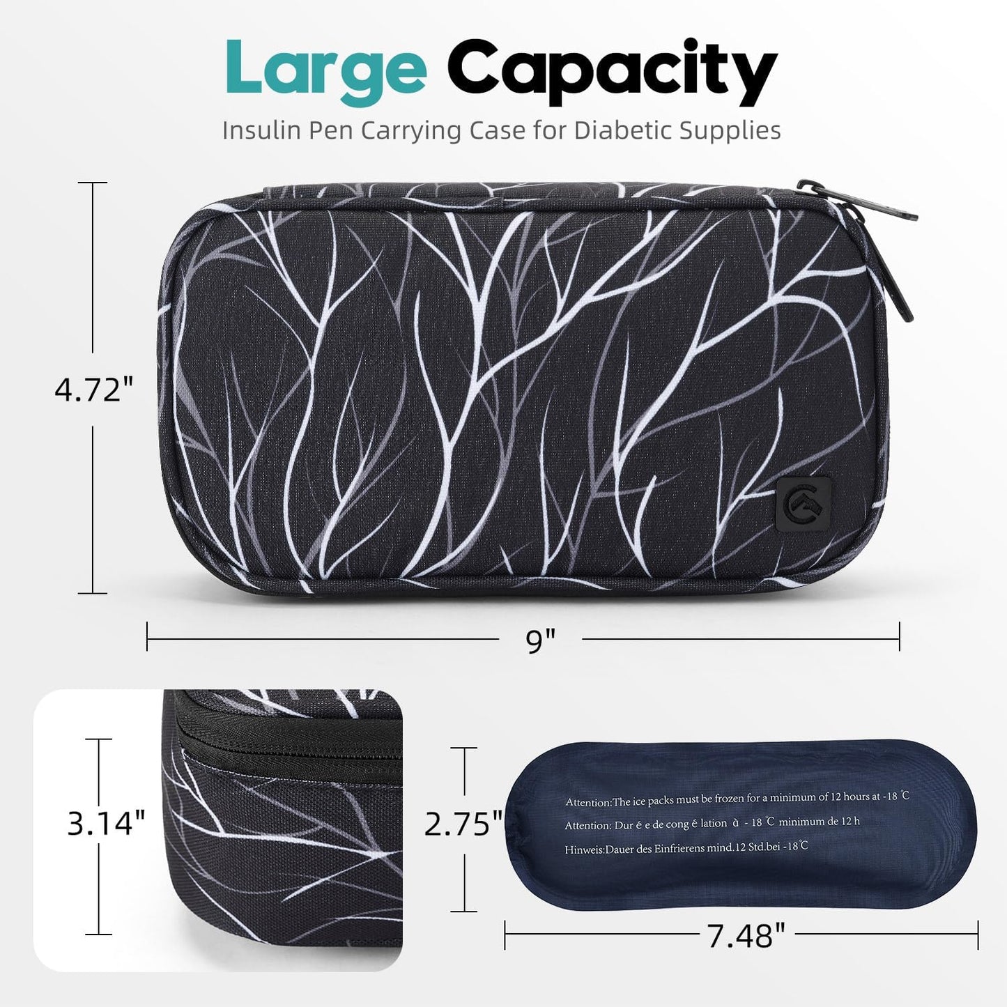 ALLCAMP Insulin Cooler Travel Case Diabetic Medication Cooler with 4 Ice Pack - Medical Cooler Bag Portable and Reusable Black White(9X 4.72x 3.14 inches)