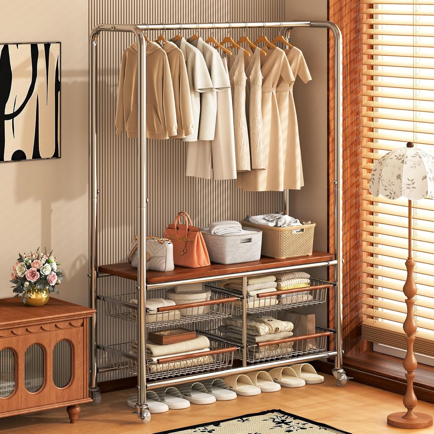 Rolling Clothing Garment Rack for Hanging Clothes–Portable Indoor Wardrobe Closet Organizer Shelves Metal Hanger Stand Heavy Duty Coat Drying Storage Racks with Wheels 15.7"Dx37"Wx67.7"H Chrome