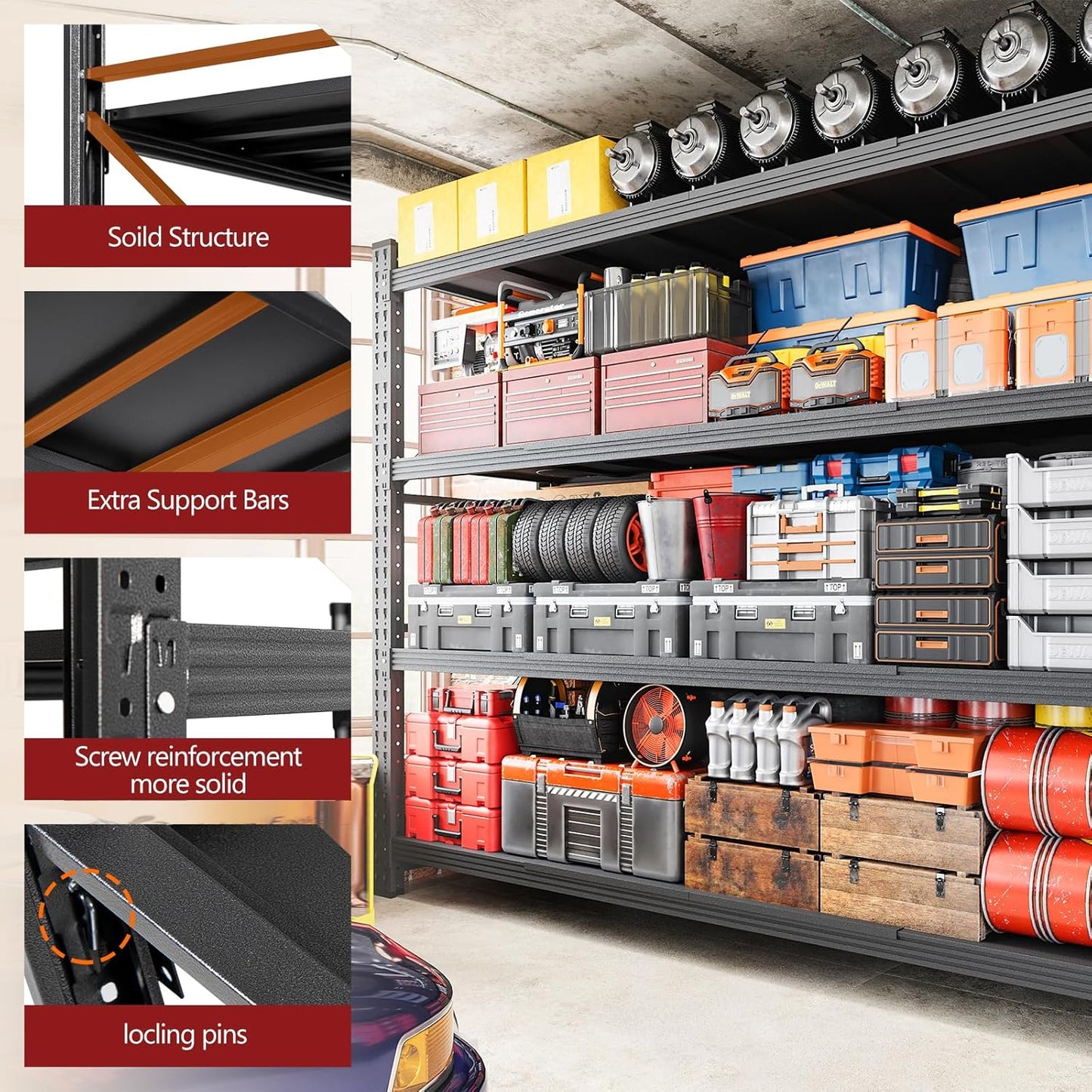 7000LBS Storage Shelves,79" W Garage Shelving Heavy Duty Metal Adjustable Garage Shelves, Shelving Units Industrial Shelving for Warehouse,79" W x 24" D x 79" H,Black