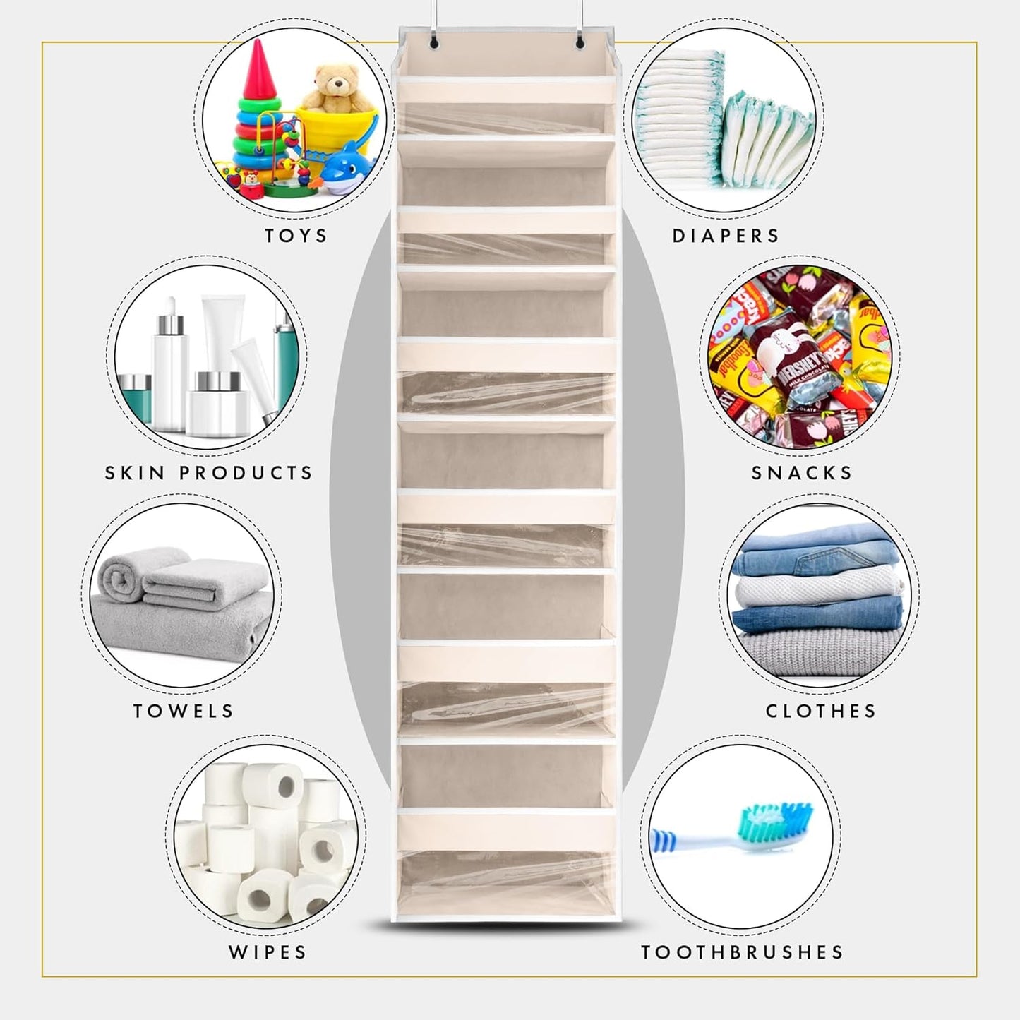 HOMELUX THEORY Over The Door Organizer Hanging - 50lbs Load 6 Large Front & 12 Side Pockets, 1 Pack Over The Door Shoe Organizer, Hanging Closet Organizer For Toys, Diaper - Sewing Organizers (Ivory)