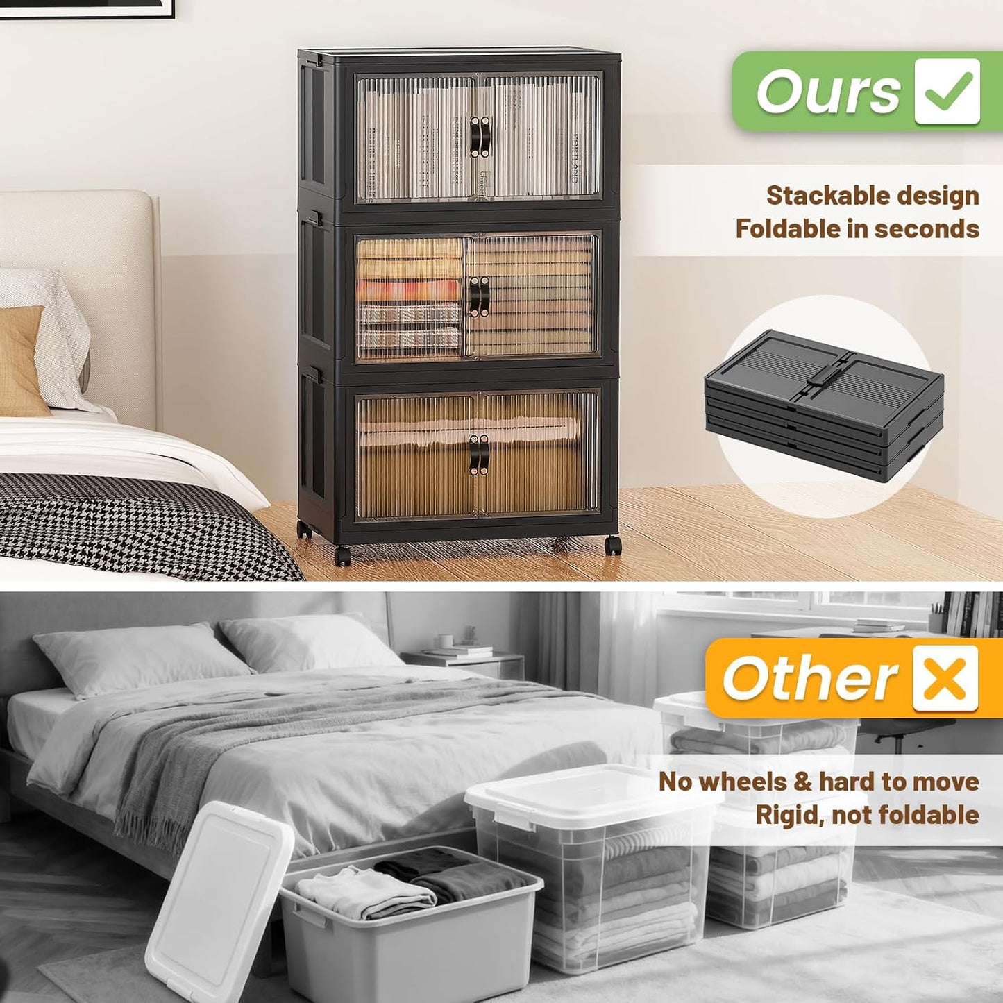 SAILUN 95Gal/381Qt Stackable Storage Bins Folding Collapsible Storage Bins with Lid, Closet Organizers and Storage Box with Door Black 28" W x 17" D x 46" H