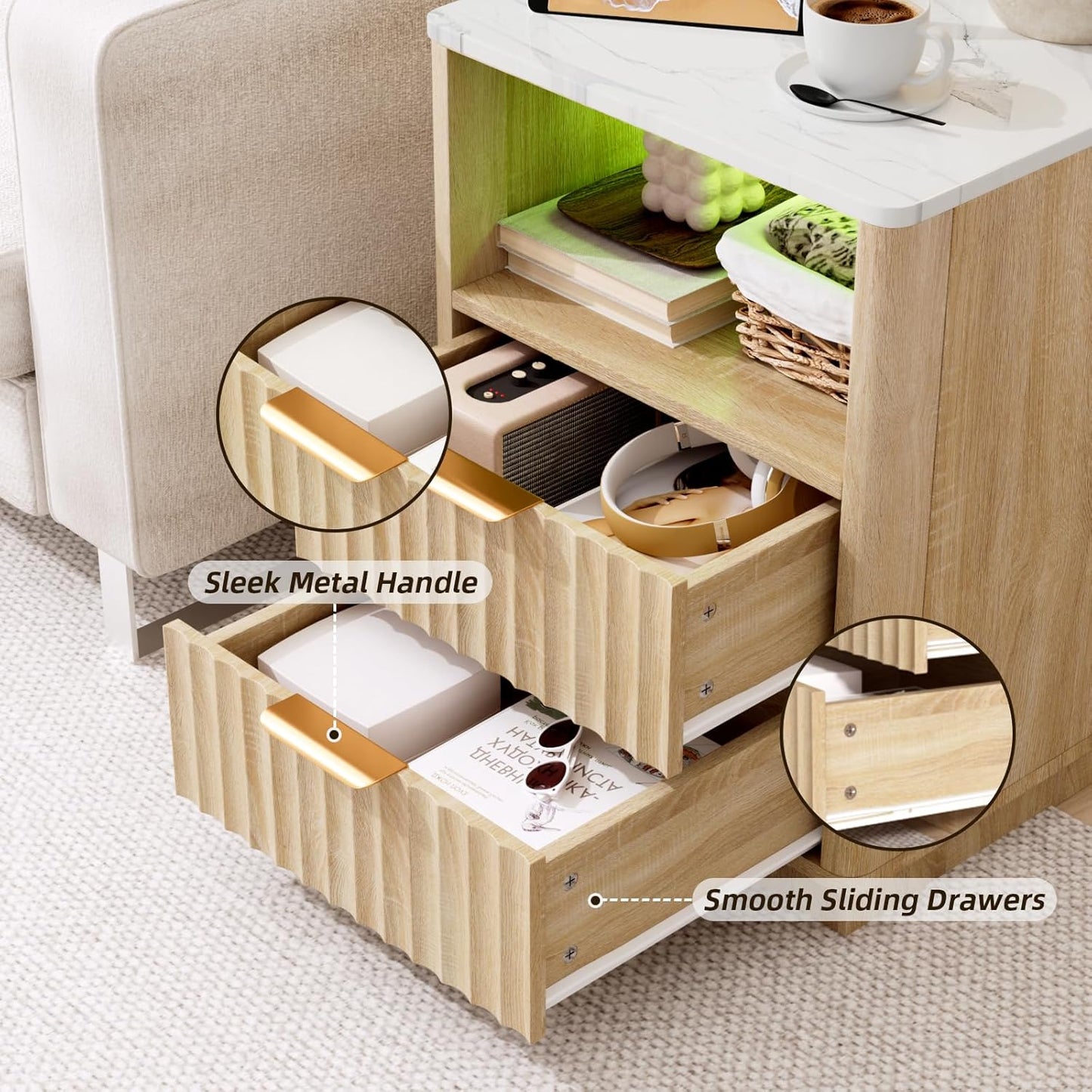 VOWNER Fluted Nightstand with Charging Station, 18” Night Stand with 2 Drawers, Faux Marble Top End Table with Storage Shelf, Curved Profile Side Table, Bedside Table for Bedroom Living Room, Oak