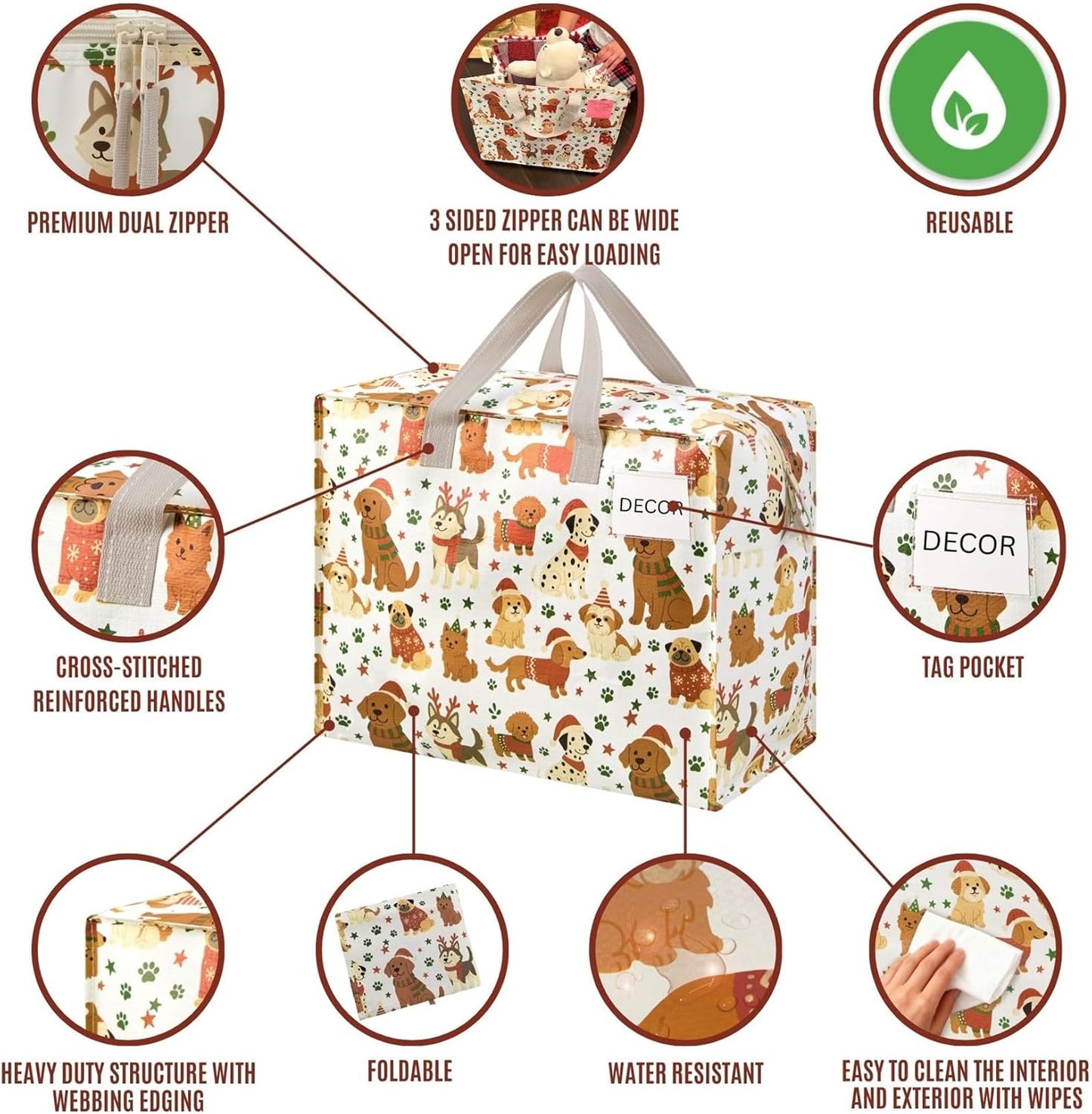 VENO 4 Pack Heavy Duty Moving Bags, Storage Bags, Packing Supplies, Top Zipper, Storage Totes for Camping, Clothes, Bedding, Comforters, Pillows, Christmas Pattern (13 Gallon, Holiday Pups, 4 Pack)