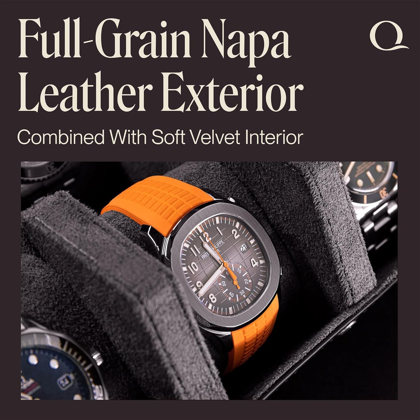 QWATCHBANDS Napa Leather Watch Case for Men - Watch Roll Storage Organizer & Watch Display - Six Slot Luxury Watch Box for Home or Travel - Mens 6 Watch Holder Case (Black Charcoal)