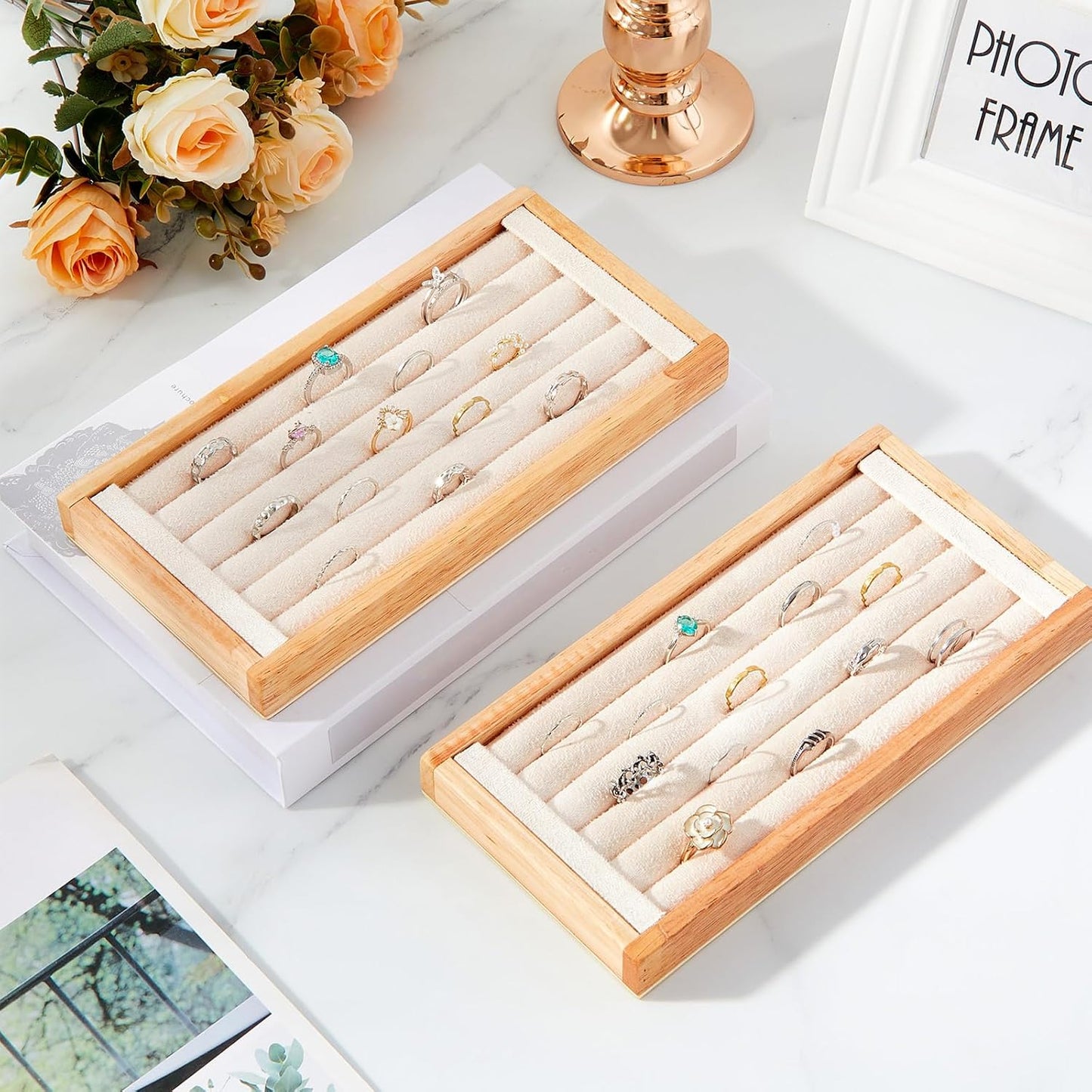 Novabright 2 Pcs Bamboo Ring Holder Bamboo Ring Display Stand 5 Slot Rings Display Tray Jewelry Storage Tray Organizer for Rings Earrings Selling Retail Stores Home Exhibitions