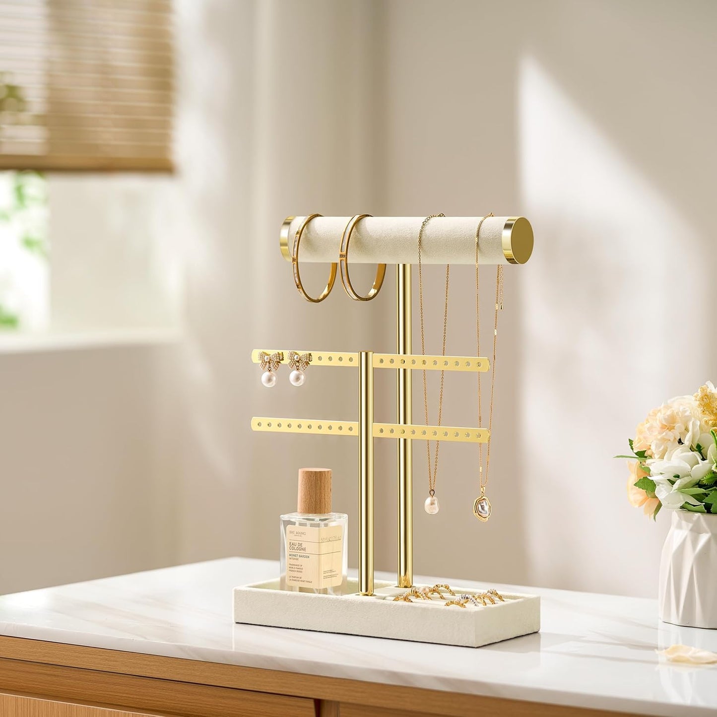 2 Tier Bracelet Holder Display - Detachable T Bar Beige Velvet Bracelet Holder, Jewelry Holder Organizer for Bracelet, Necklace, Earrings, Rings