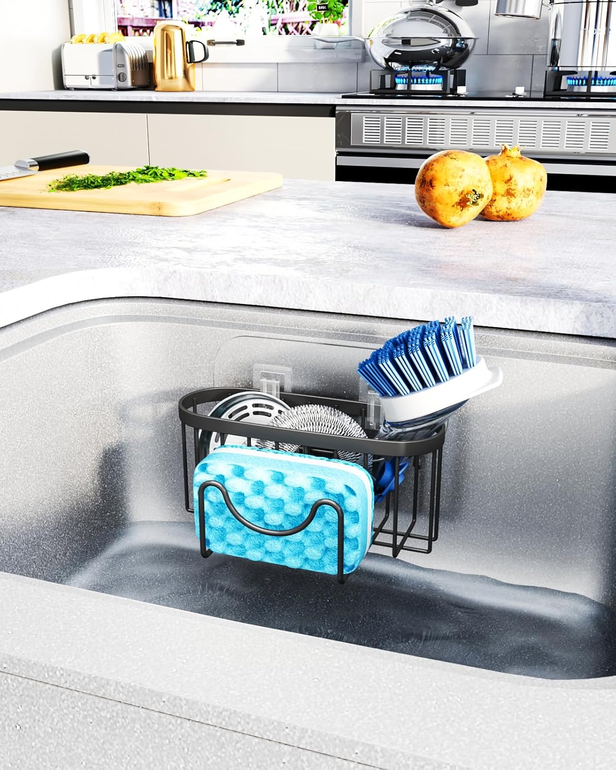 HapiRm Multifunctional Sponge Holder with Unique M-Shaped, Two Installation Methods Kitchen Sink Organizer, Rustproof Stainless Steel Sink Caddy -Black(2-Pack)