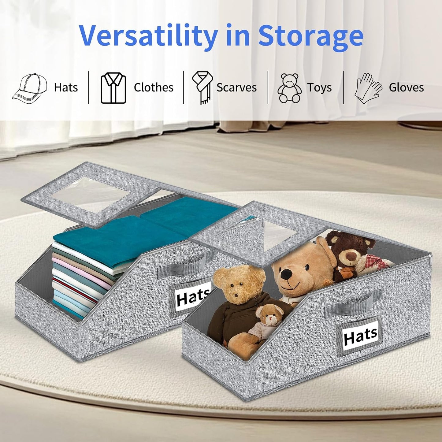 Aokeyee Hat Organizer for Baseball Caps - 2PCS Stackable Storage with Clear Window Lid, Flip-Top Access, Space-Saving Hat Box for Closet, Breathable Fabric (Grey)