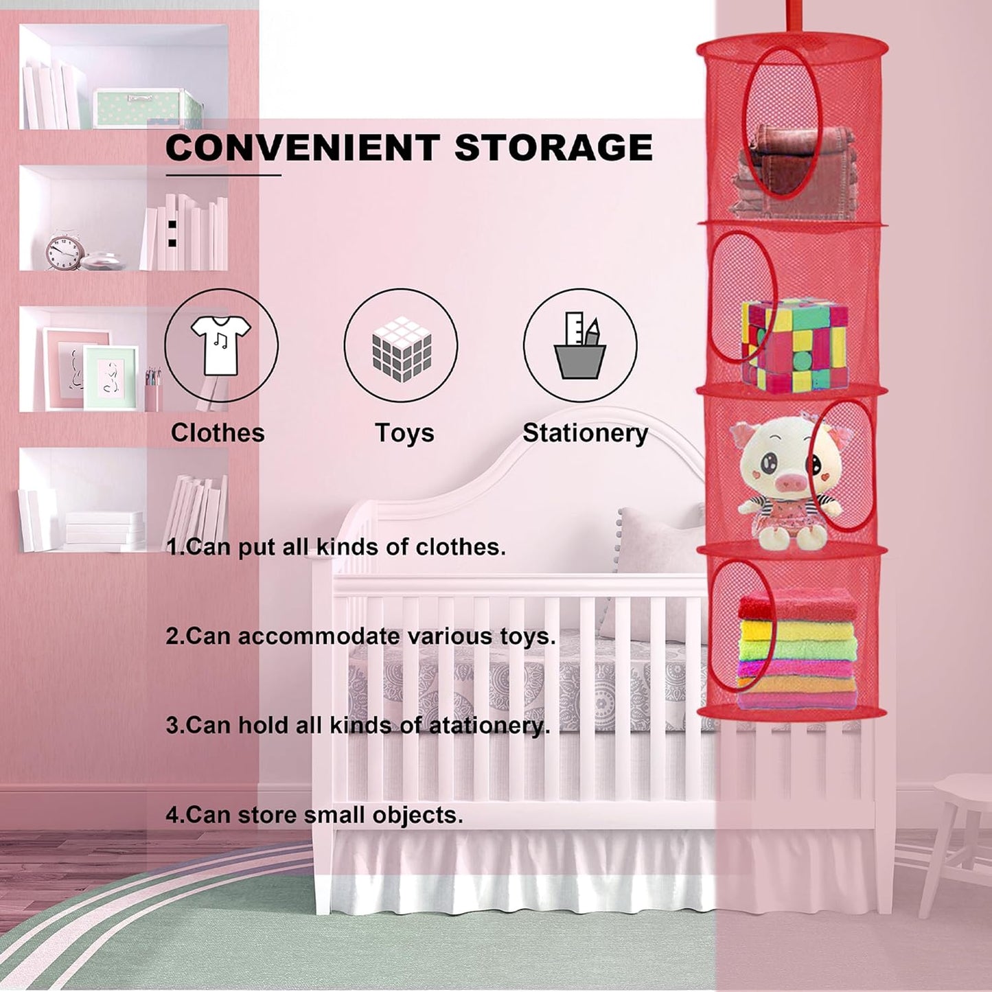Libeder Stuffed Animal Storage Mesh Hanging Storage Space Saver Bags Organizer,Foldable Storage Organizer 4 Compartments Toy Net Storage Basket for Kids Room Bathroom 2 Sets Red