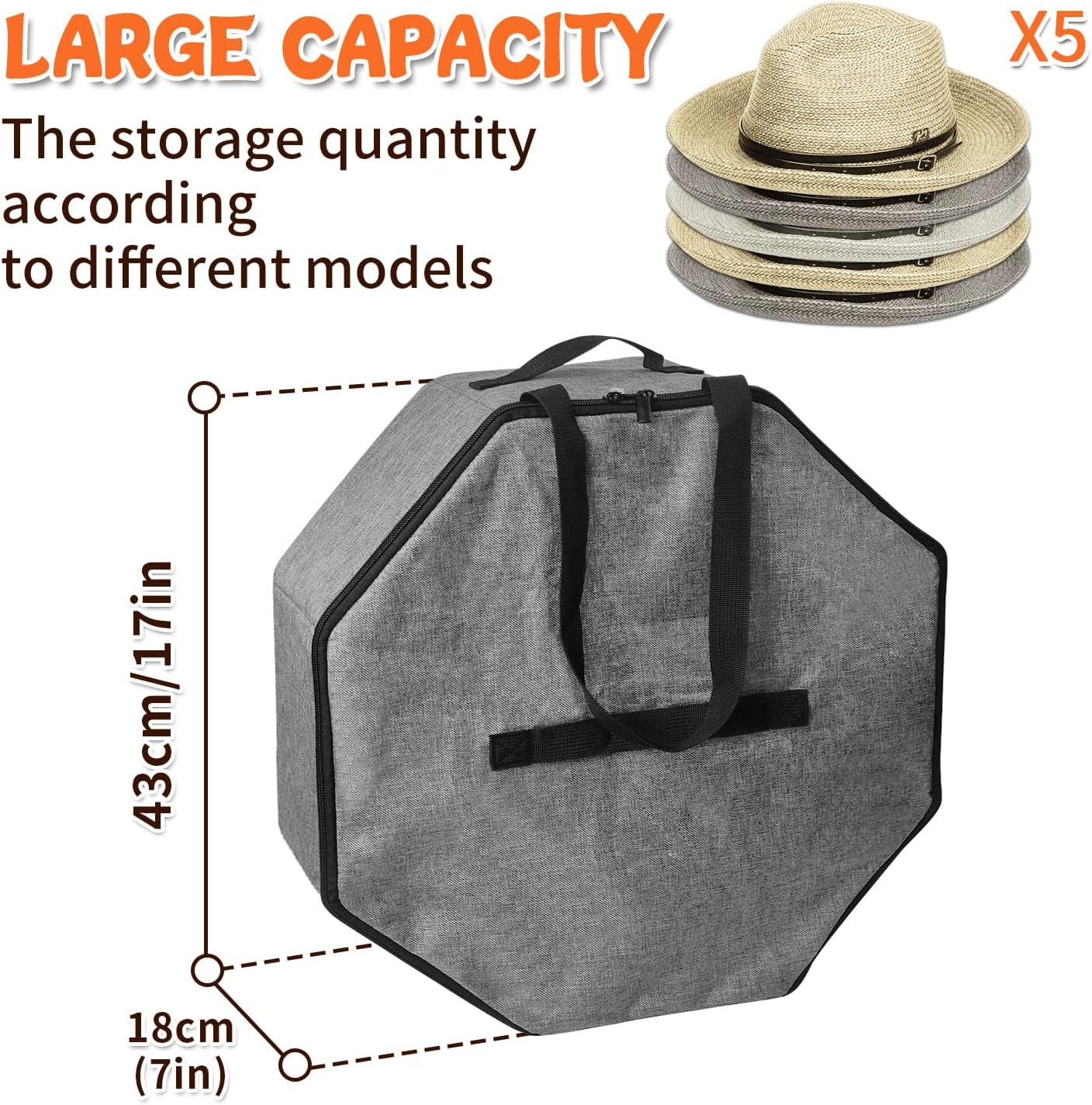 Boczif Hat Storage Box for Women and Men, Hat Storage bag for Travel Collapsible, Cowboy Hat Case with Handle, Hat Organizer Container Large Cap Bag for Carry (Grey)