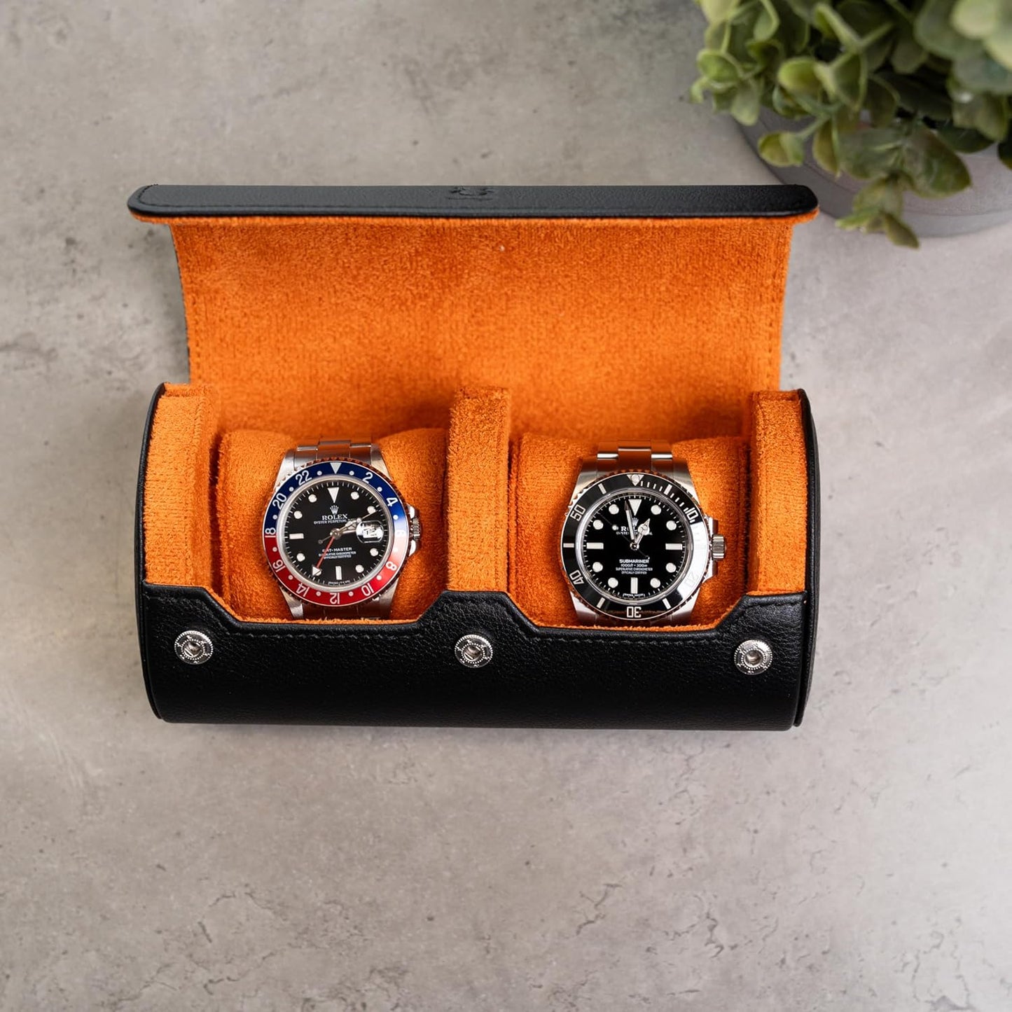 DailyWatch | Watch Roll Travel Case For 2 Watch | Luxury Watch Case In Genuine Black Leather With Soft Velvet Interior | Watch Case Protect, Store, & Display Your Watches | Black Orange