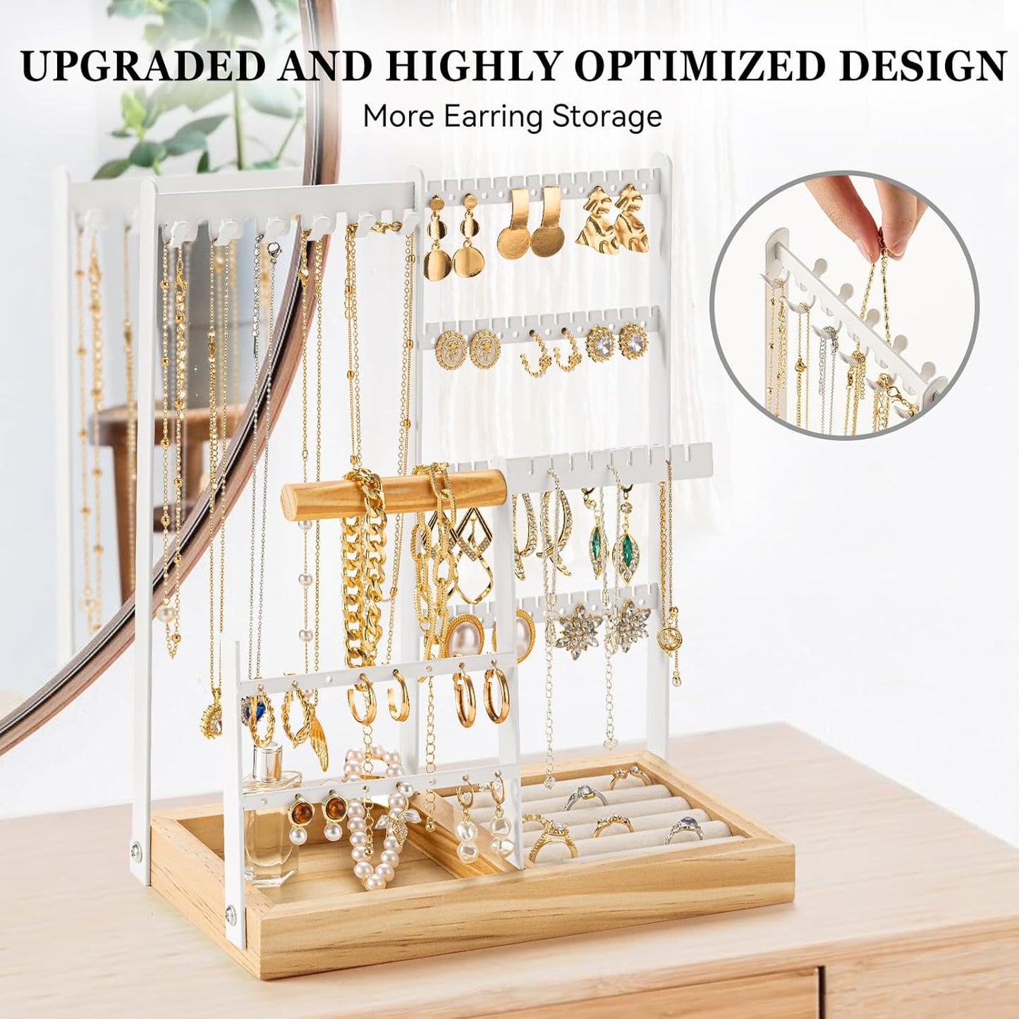 DreamGenius Jewelry Organizer Stand with Velvet Ring Holder, 4 Tier Jewelry Holder Organizer with 11 Hooks for Necklaces and 132 Holes for Earrings, White