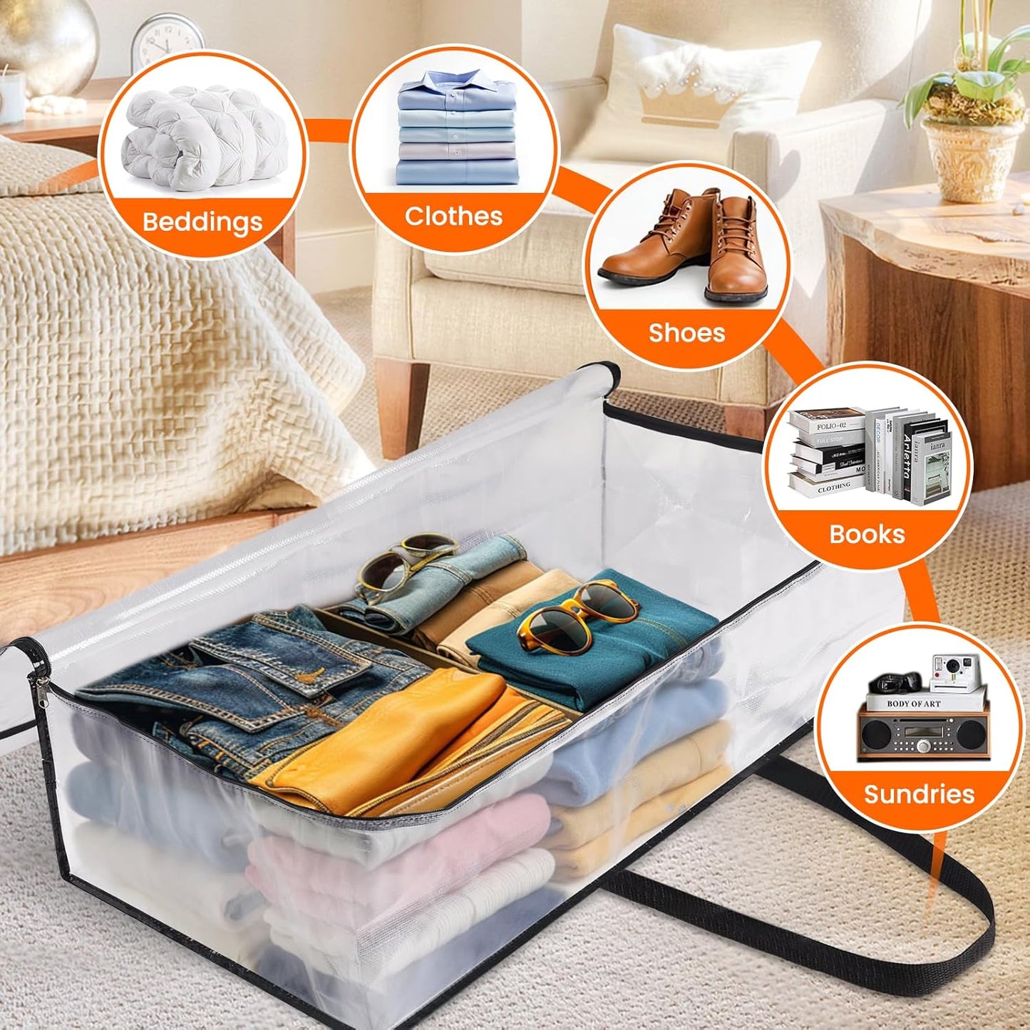 4 Pack Long Clear Storage Bags for Comforter, Clothes & Bedding, Plastic Blanket Storage with Zipper and Handle, Moving Bags, Closet Organizer and Under-Bed Storage (90L, 39.4"*7.1"*19.7")