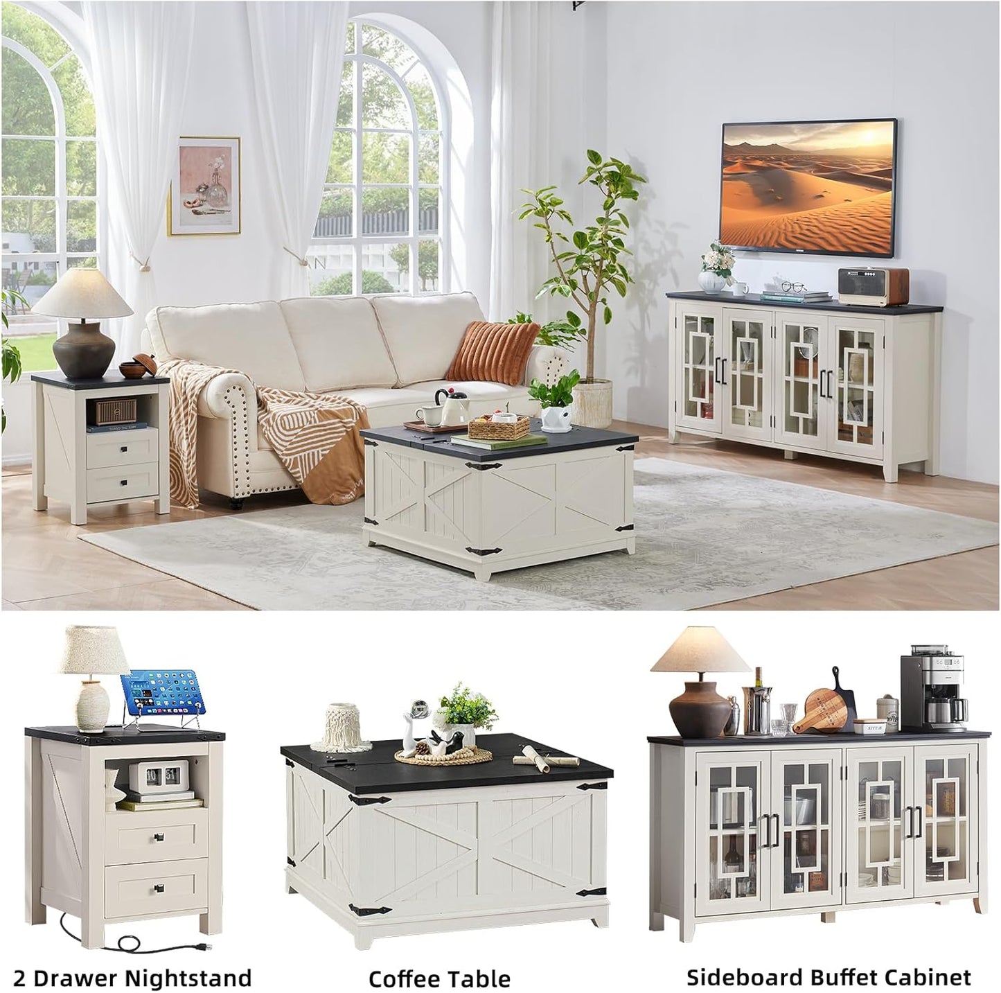 Nightstand with Charging Station and USB Port, Farmhouse Side End Table with 2 Drawers and Open Shelf, Wood Rustic Sofa Table, Bedside Cabinet for Bedroom, Living Room, Closet, Office (White)
