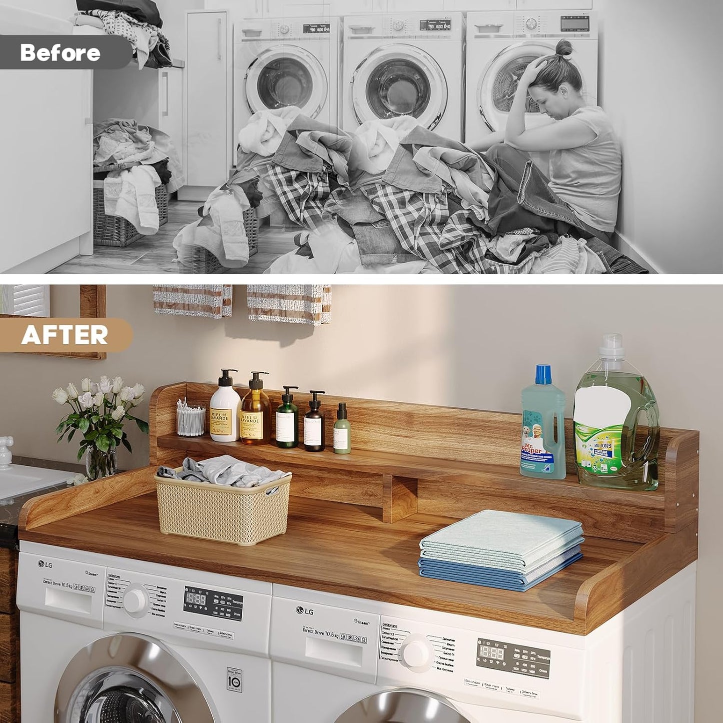 2-Tier Washer Dryer Countertop with 2.75" H Edge Rails, 58" W x 28" D Laundry Countertop for Folding Clothes, Washer and Dryer Topper with Non-Slip Pad (Dark Walnut)