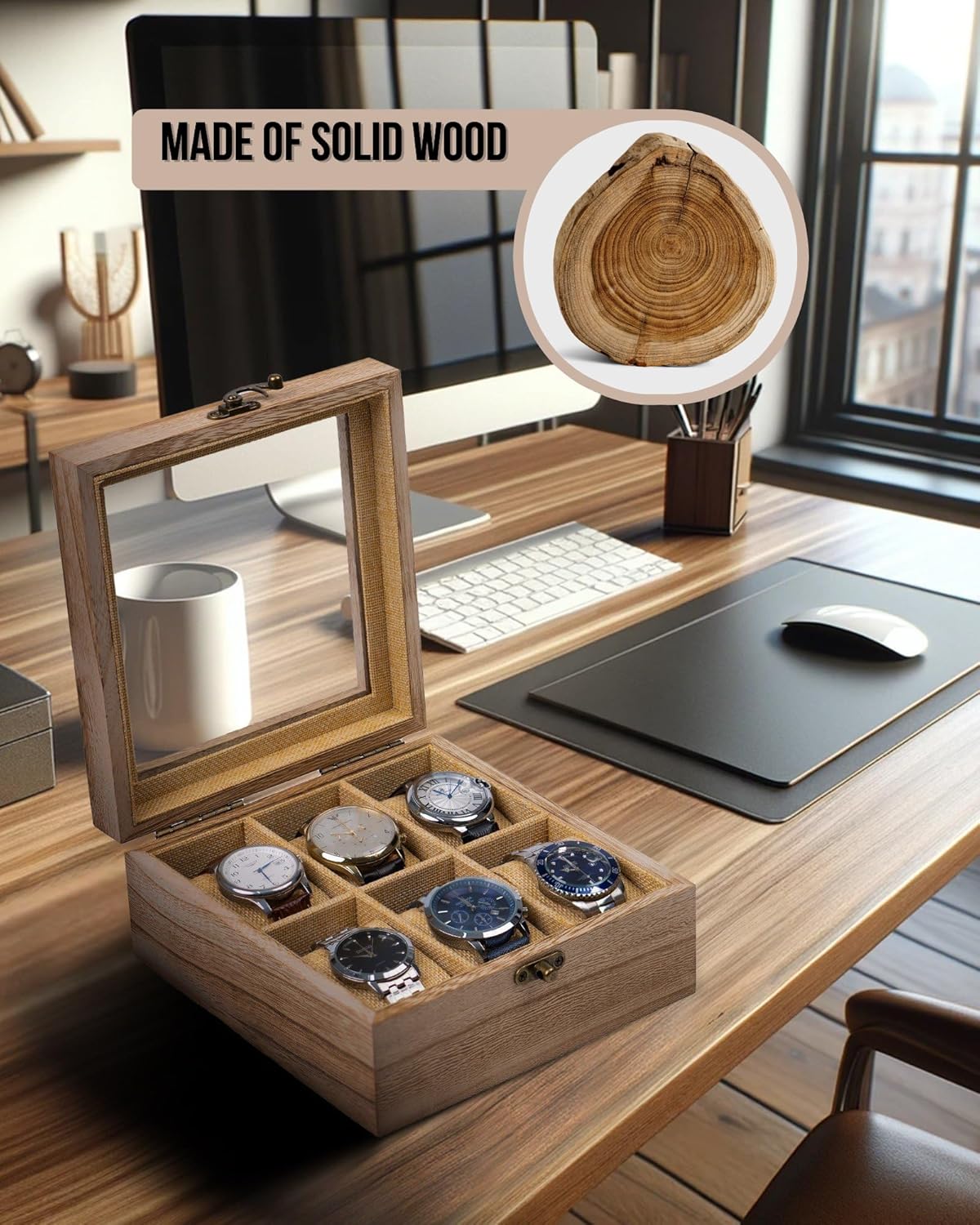 Watch Box, Watch Case for Men Women with Large Glass Lid, Wooden Watch Display Storage Box with 6 - Slots, Weathered Wood Mens Watch Box Organizer