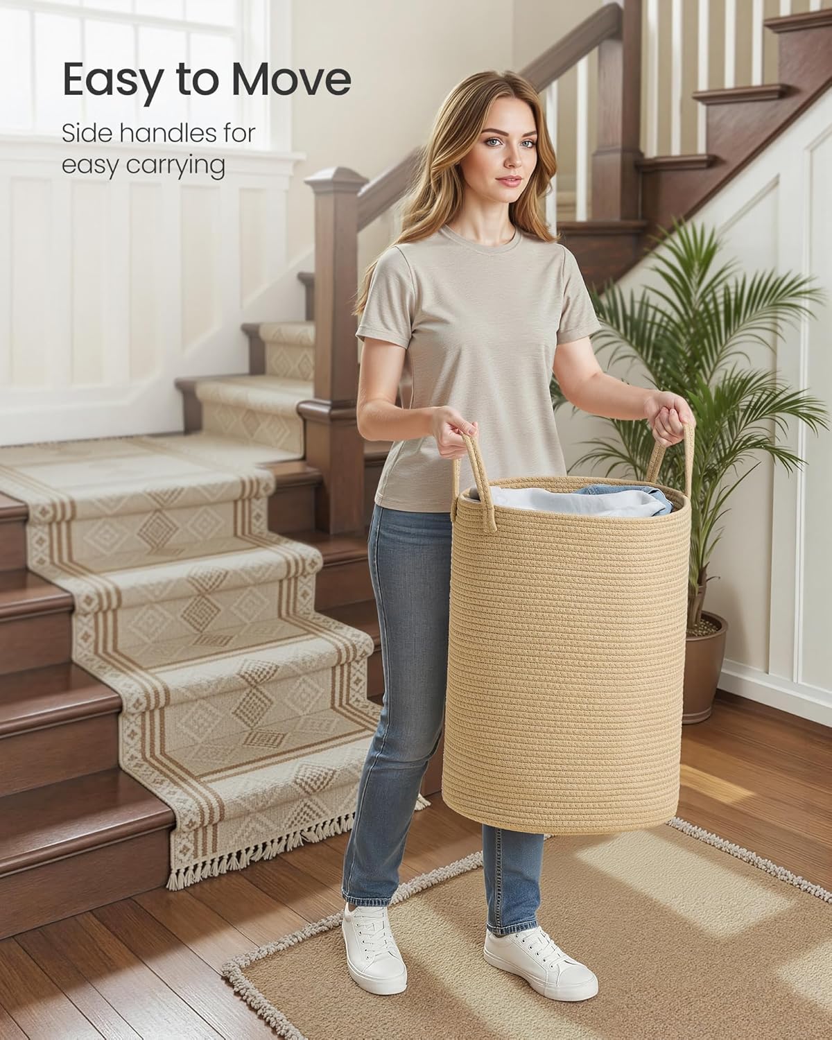 SONGMICS Laundry Hamper, Cotton Rope Laundry Basket with Handles, for Children, Toys, Clothing, Living Room, Bedroom, 15.8 Gallons, 13.8 x 13.8 x 19.7 Inches, Yellowish Brown URLH061KZ01