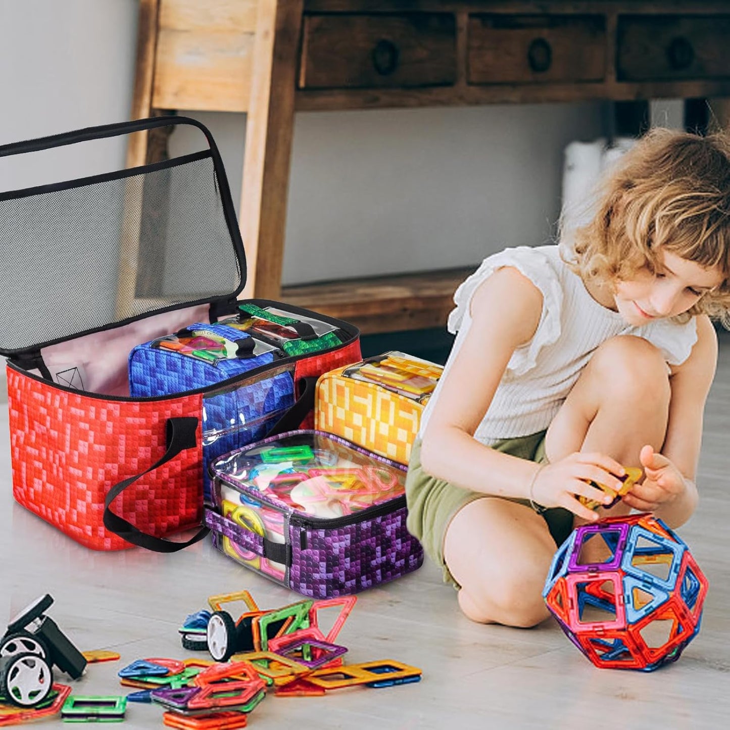 5-Pack Magnetic Tiles Storage Bags Set,Toy Organizer Case,Multifunction Portable Travel Magnetic Tile bag with Visible Top for Building Blocks,Toy Bricks,Puzzles,Board Game