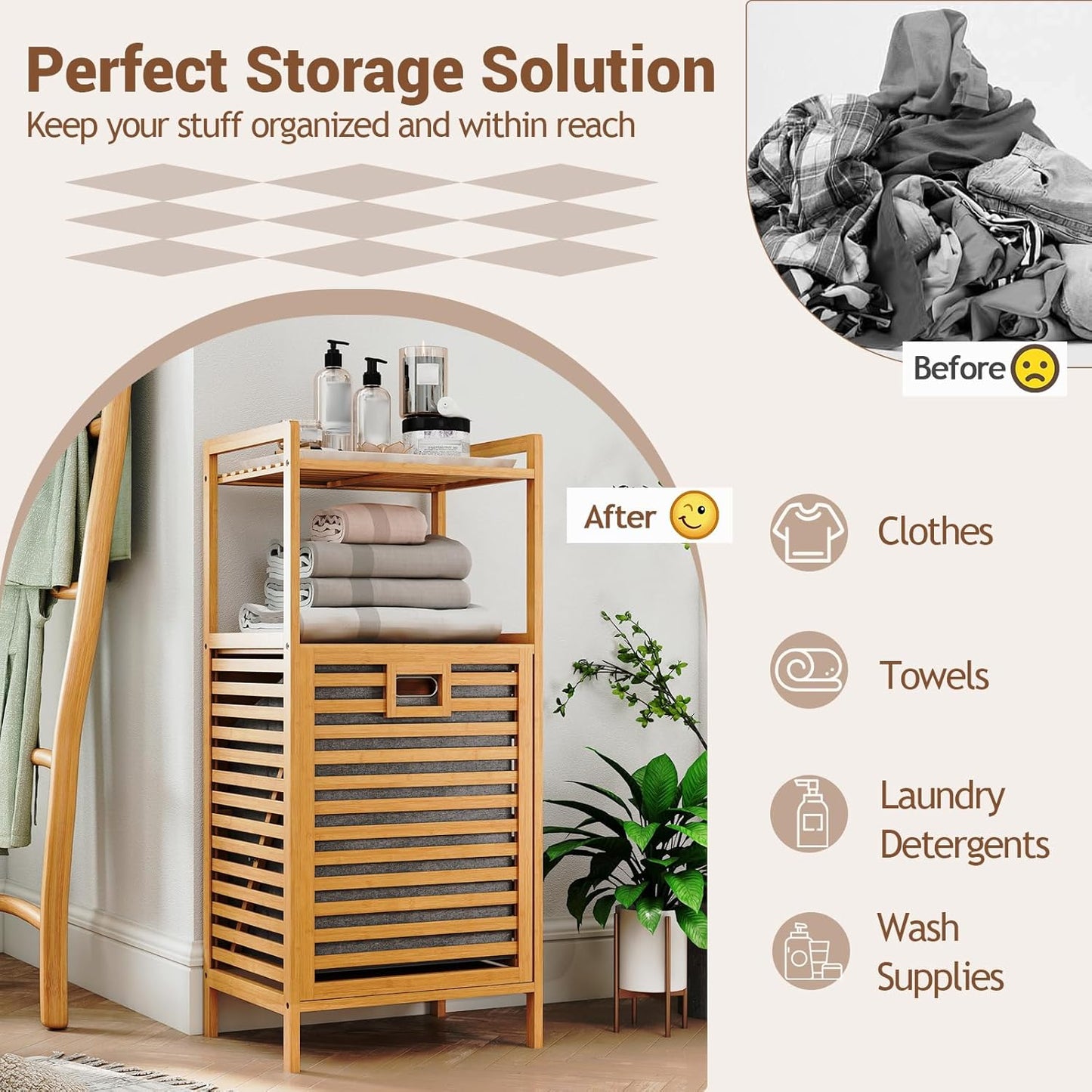 GOFLAME Tilt-out Laundry Hamper with 2-Tier Shelves, Bamboo Laundry Baskets Organizer with Removable & Foldable Fabric Liner, Bathroom Storage Shelf Cabinet for Laundry Room, Bedroom