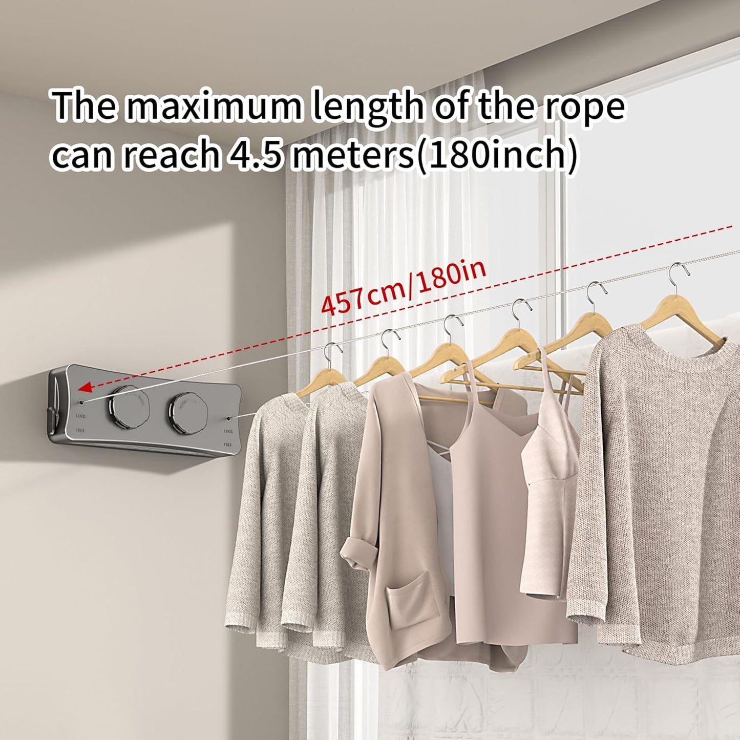 JOOM Retractable Clothesline Heavy Duty Clothes Drying Laundry Line Wall Mounted Easy Hanging Clothes Drying Laundry Line Retracting Hanging Lock to Prevent Sagging (Two line,Grey)